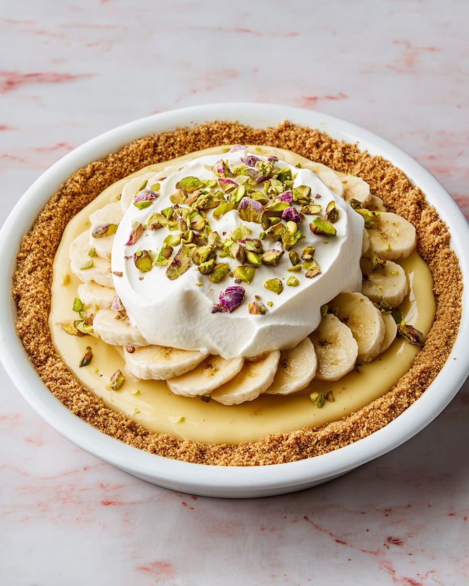 The image shows a 3-layer dessert in a white pie dish. The bottom layer is a crumbly, golden brown crust that lines the edge of the dish. Above that is a smooth, pale yellow filling spread evenly. On top of the filling, there are sliced banana pieces arranged in a ring close to the crust. The top layer is a large dollop of white whipped cream placed in the middle of the pie, sprinkled with small green and purple chopped pistachio nuts. The pie is set on a white marbled surface. photo taken with an iphone --ar 4:5 --v 7