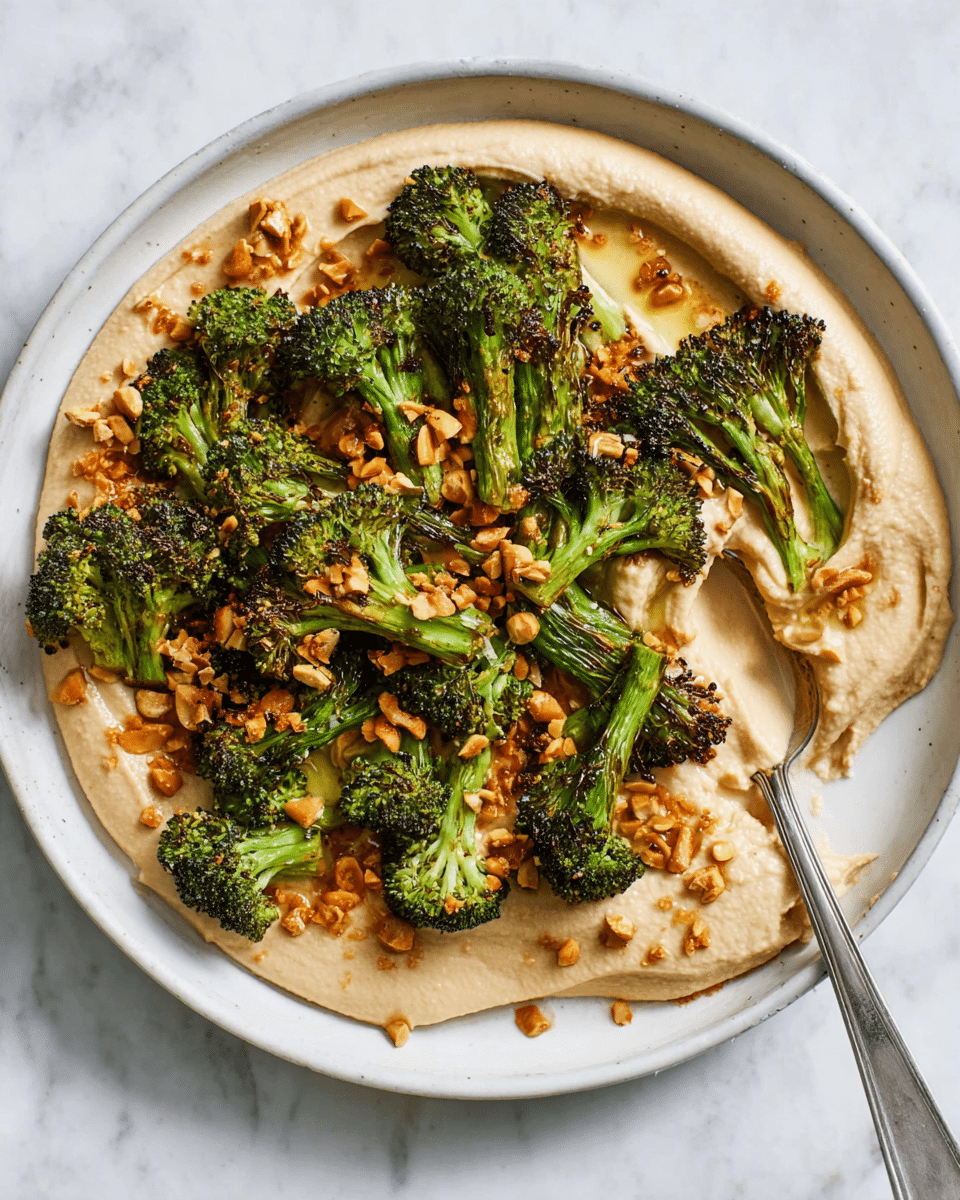 The image shows a white plate with a creamy tan-colored spread as the base layer, smooth and thick, covering the entire plate's surface. On top of this base, there is a layer of bright green roasted broccoli florets, slightly charred for texture and color contrast, arranged loosely in the center. Scattered over the broccoli and spread are small pieces of crushed nuts with an orange hue, adding a crunchy texture. A silver spoon rests on the right side of the plate, partially sinking into the creamy spread, showing the smooth consistency. The dish is set on a white marbled surface. Photo taken with an iphone --ar 4:5 --v 7