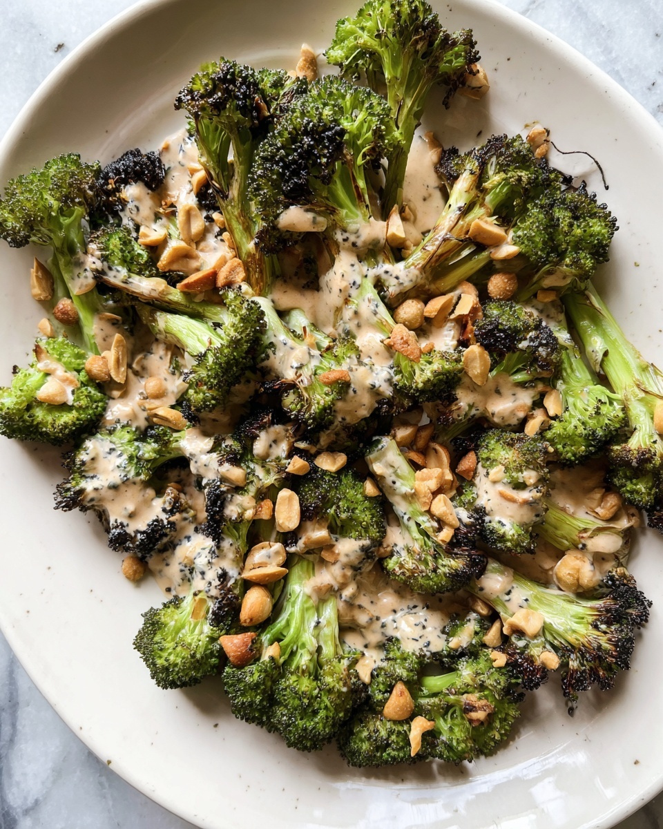 The image shows a white plate filled with roasted broccoli florets that have slightly charred edges, giving a mix of bright green and dark brown colors. Over the broccoli, there is a creamy sauce with a light beige color and some visible black specks, which is spread unevenly across the dish. Scattered on top are crunchy, golden-brown peanuts adding a contrasting texture and color. The plate is placed on a white marbled surface, creating a clean and simple background. photo taken with an iphone --ar 4:5 --v 7