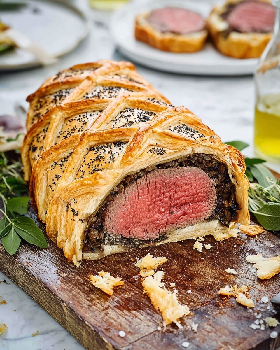 A thick cut of Beef Wellington sits on a worn wooden board, showing three main layers: the center is a large, pink, cooked beef fillet; surrounding it is a thin, dark brown mushroom duxelles layer; encasing these is a golden-brown, flaky puff pastry with a crisscross pattern on top sprinkled with black poppy seeds and coarse salt. The edges of the pastry are slightly cracked and crumbly, with some crumbs scattered on the board. Fresh light green herb leaves lie next to the meat, and a bottle with yellow liquid is partly visible on the right. In the blurred background, two white plates hold slices of the same beef dish, and the whole scene rests on a white marbled texture surface. Photo taken with an iphone --ar 4:5 --v 7