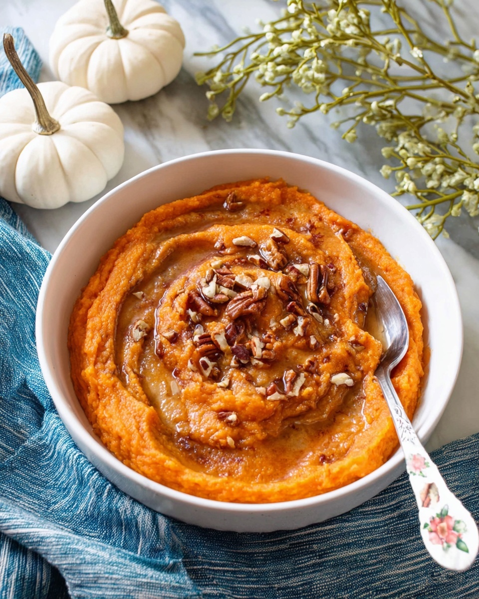 A white bowl filled with three layers of thick orange mashed sweet potatoes, the top layer swirled with a darker brown syrup or sauce and sprinkled with chopped pecans. A silver spoon with a floral design is stuck into the right side of the bowl. The bowl rests on a white marbled surface with a blue cloth to the left and a striped cloth underneath; in the background, white decorative pumpkins and green leafy stems are visible. Photo taken with an iphone --ar 4:5 --v 7