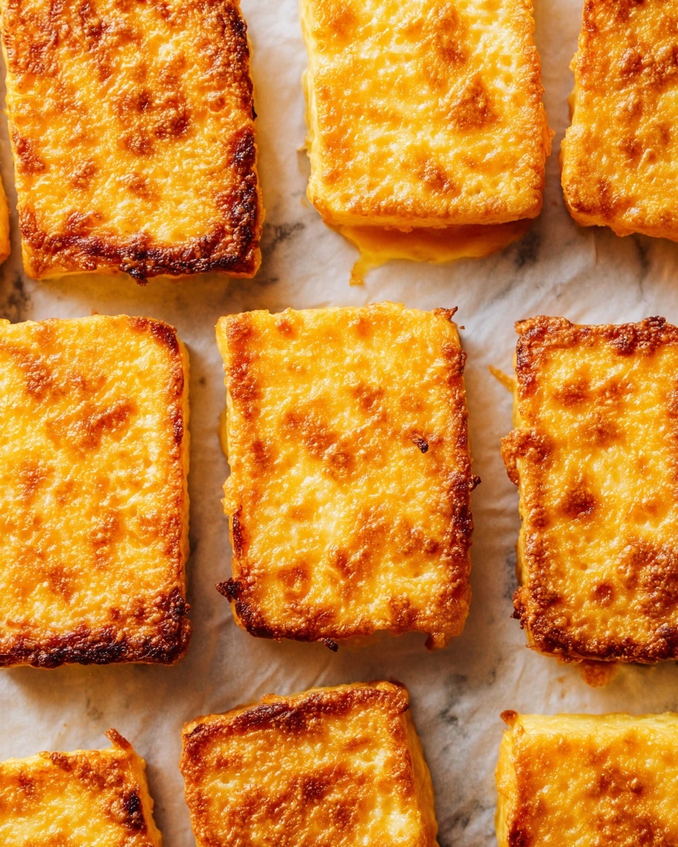 Several golden-brown, rectangular pieces of fried cheese are arranged in rows on a sheet of parchment paper placed on a white marbled surface. Each piece shows a crispy, slightly bubbly texture on the top with browned edges, and some melted cheese slightly oozes out from underneath the edges. The cheese squares have a warm orange-yellow color with uneven browning, giving them a freshly cooked and crunchy appearance. Photo taken with an iphone --ar 4:5 --v 7