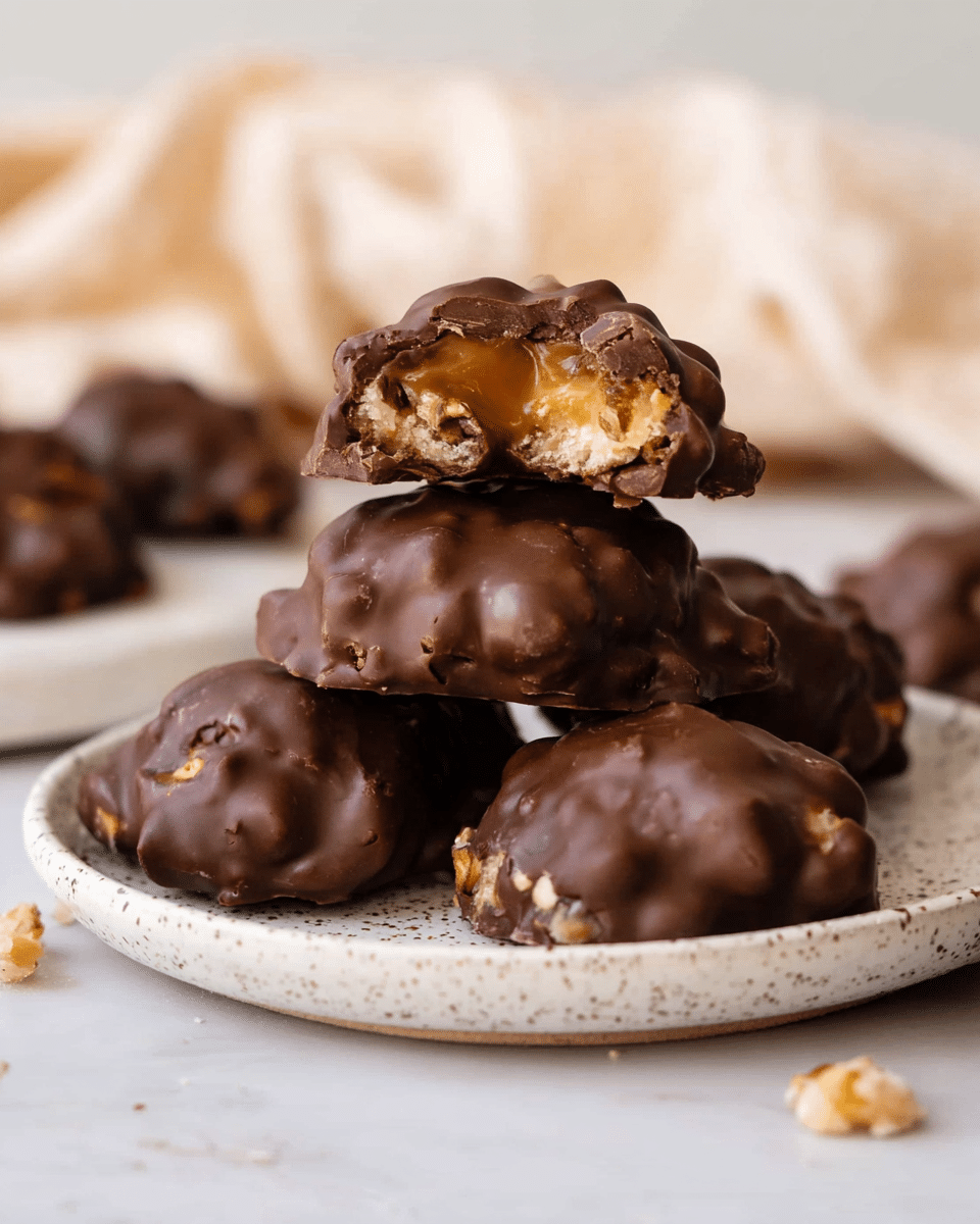 A close-up view of four chocolate clusters stacked roughly on a small, speckled white plate, with one cluster on top clearly bitten into, showing a gooey golden caramel layer mixed with whole nuts inside, all coated in a thick, glossy dark brown chocolate shell. The chocolate surface is textured and uneven, highlighting the nut pieces beneath. Around the plate, six more clusters lie scattered on a white marbled surface, with a soft, blurred cloth in the background, adding a cozy feel. photo taken with an iphone --ar 4:5 --v 7
