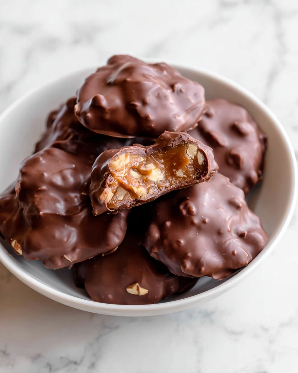 A white bowl filled with several chocolate-coated clusters, each irregularly shaped with a glossy, slightly bumpy chocolate layer on the outside. One cluster is cut in half, showing an inner layer of light brown caramel mixed with small chopped nuts that add texture and color contrast. The chocolate coating has a smooth, shiny finish with small ridges and dimples, resting on a white marbled surface. photo taken with an iphone --ar 4:5 --v 7