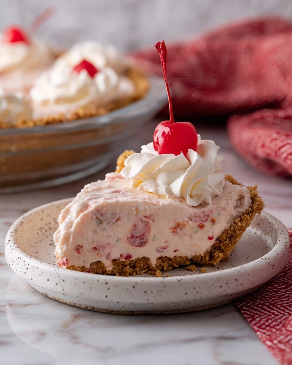 A slice of pie is shown on a small white speckled plate, with two layers visible: a thick, crumbly golden brown crust at the bottom and a creamy, light pink filling with small bits of red and green mixed in. On top of the slice is a swirl of white whipped cream crowned with a shiny bright red cherry with a stem. In the background, the rest of the pie is in a clear glass pie dish with more light pink filling and whipped cream. The scene sits on a white marbled surface with a folded red fabric with a herringbone texture behind the pie. Photo taken with an iphone --ar 4:5 --v 7