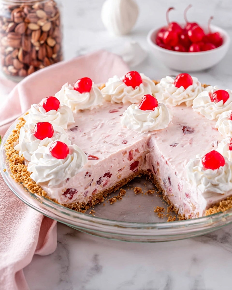 A clear glass pie dish holds a three-layer dessert with a crumbly golden crust at the bottom, followed by a thick, light pink creamy filling mixed with small red pieces, topped with white whipped cream swirls arranged evenly around the edge, each topped with a shiny red cherry. One slice is removed, showing the soft texture inside. In the background, there is a jar filled with brown nuts and a small white bowl with bright red cherries on a soft pink cloth, all set on a white marbled surface. Photo taken with an iphone --ar 4:5 --v 7