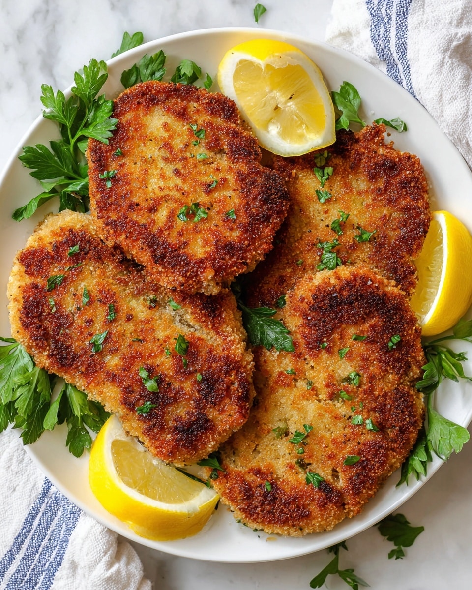 The image shows a white plate with five golden-brown breaded cutlets, arranged to cover most of the plate's surface. The cutlets have a crunchy texture with sprinkled small green parsley pieces on top. Around the cutlets, there are fresh green parsley leaves and thin lemon slices placed on the left side and bottom right of the plate. The plate is set on a white marbled surface with a white and blue cloth napkin partially visible in the upper right corner. Photo taken with an iphone --ar 4:5 --v 7