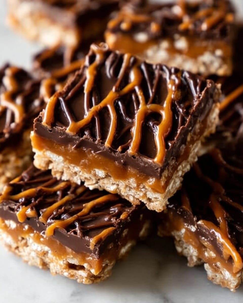 The image shows a close-up of several square bars stacked unevenly, each bar having multiple layers: a base of light brown and crumbly cracker or cookie, topped with a layer of dark chocolate, then a layer of glossy caramel drizzled thickly over the top, and finished with a neat drizzle of dark chocolate in diagonal lines across the caramel. The caramel glistens with a sticky texture, contrasting with the smooth, slightly shiny chocolate lines, all resting on a white marbled surface. photo taken with an iphone --ar 4:5 --v 7