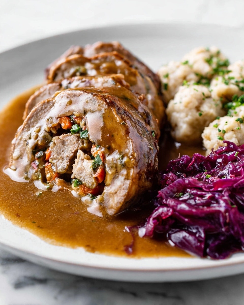 The dish shows a white plate with a beef roulade in the center, covered in a brown gravy sauce. The roulade is sliced to reveal three visible layers of rolled meat mixed with small pieces of carrot and green herbs inside, creating a spiral effect. To the right on the plate, there is a serving of light beige dumplings with a slightly rough texture. In front of the dumplings is a portion of cooked red cabbage, deep purple in color with a somewhat soft and glossy look. The whole plate sits on a white marbled surface, creating a clean background. Photo taken with an iphone --ar 4:5 --v 7