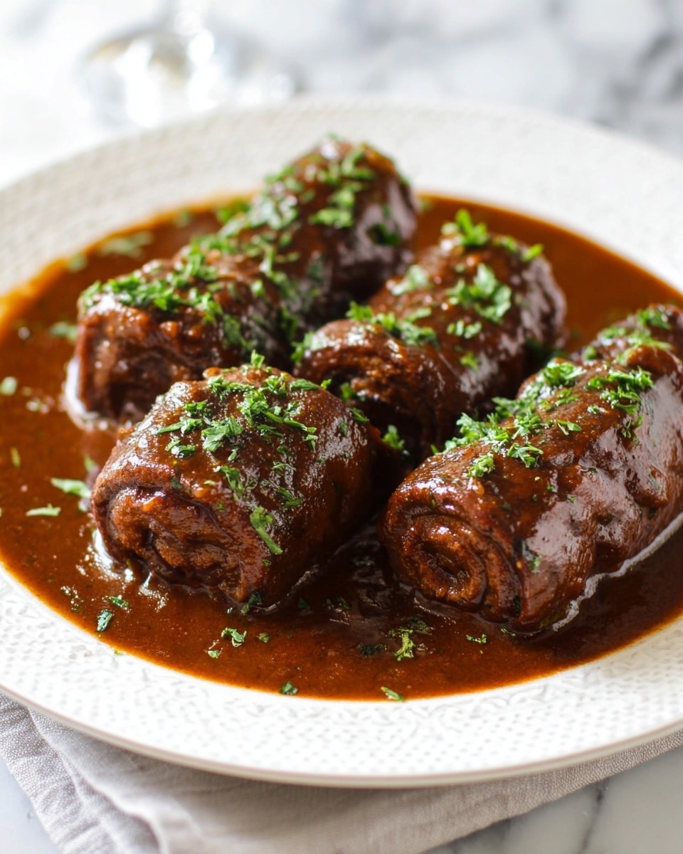 The image shows four thick, rolled meat pieces covered in a rich, dark brown sauce, arranged closely together on a white plate with a subtle pattern on the edge. Each meat roll is generously coated in the glossy sauce, which pools around the base, creating a smooth texture with a slight shine. Bright green chopped herbs are sprinkled evenly on top of the meat rolls and sauce, adding a fresh contrast to the deep brown colors. The plate rests on a white marbled surface, with soft lighting highlighting the sauce’s shine and the texture of the herbs. photo taken with an iphone --ar 4:5 --v 7
