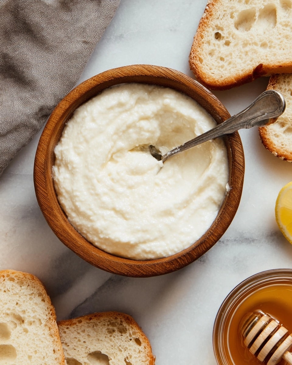 A wooden bowl filled with a thick, creamy white mixture that has a soft, slightly grainy texture, with a silver spoon partially dipped inside it on the right side of the bowl. Surrounding the bowl are pieces of light beige bread with visible air holes, placed on a white marbled surface. At the bottom right corner, there is a small glass container holding honey with a wooden honey dipper. Part of a gray cloth and a slice of lemon are visible on the top left corner. Photo taken with an iphone --ar 4:5 --v 7