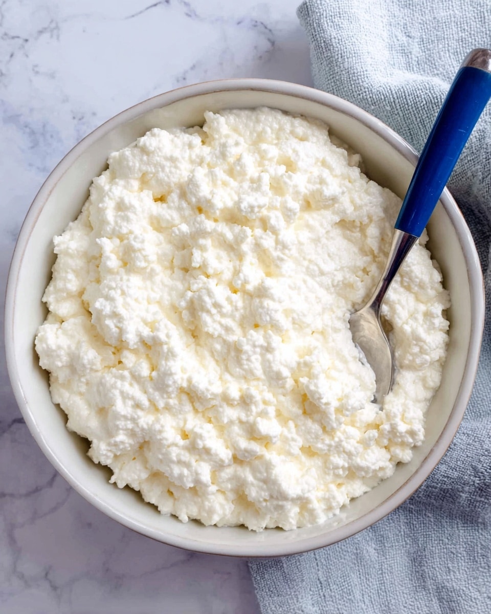 A deep white bowl filled with a thick, creamy white cottage cheese that has a soft and lumpy texture. A spoon with a blue handle rests inside the bowl on the right side, slightly submerged in the cottage cheese. The bowl is placed on a surface with a white marbled texture, and a light gray cloth is partly visible in the top right corner. Photo taken with an iphone --ar 4:5 --v 7