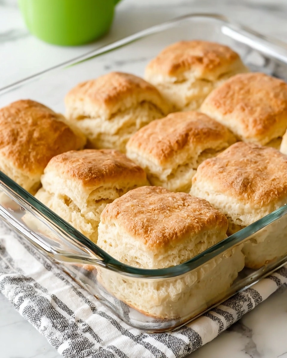 Nine golden brown biscuits sit closely together in a clear glass baking dish. Each biscuit has a slightly rough, textured top with a warm, light brown color, while the sides show a soft, fluffy, off-white inside. The biscuits have a square shape and look soft and fresh. The glass dish rests on a cloth with white and dark gray stripes, all placed on a white marbled surface. In the background, there is a blurry green object. photo taken with an iphone --ar 4:5 --v 7