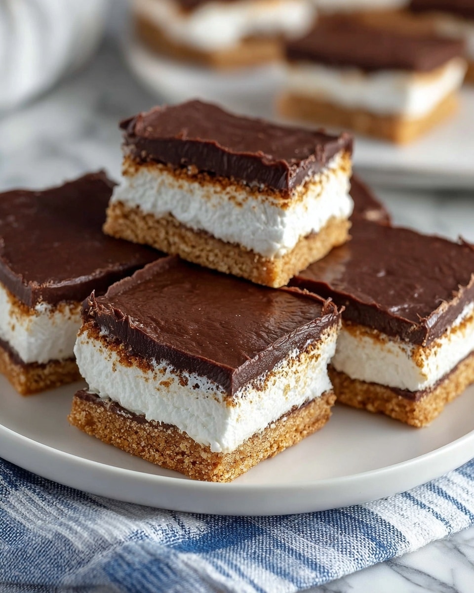 The image shows six square dessert bars arranged on a white plate resting on a white marbled surface covered partly by a blue and white striped cloth. Each bar has three distinct layers: the bottom and top layers are a light brown graham cracker crust with a dry, slightly crumbly texture, while the middle layers consist of a thick, smooth, dark chocolate layer beneath a fluffy, white marshmallow layer, both clearly stacked one over the other. The bars appear moist, with the chocolate slightly melting into the graham cracker at the base, and the edges of the marshmallow layer soft and pillowy. The photo taken with an iphone --ar 4:5 --v 7