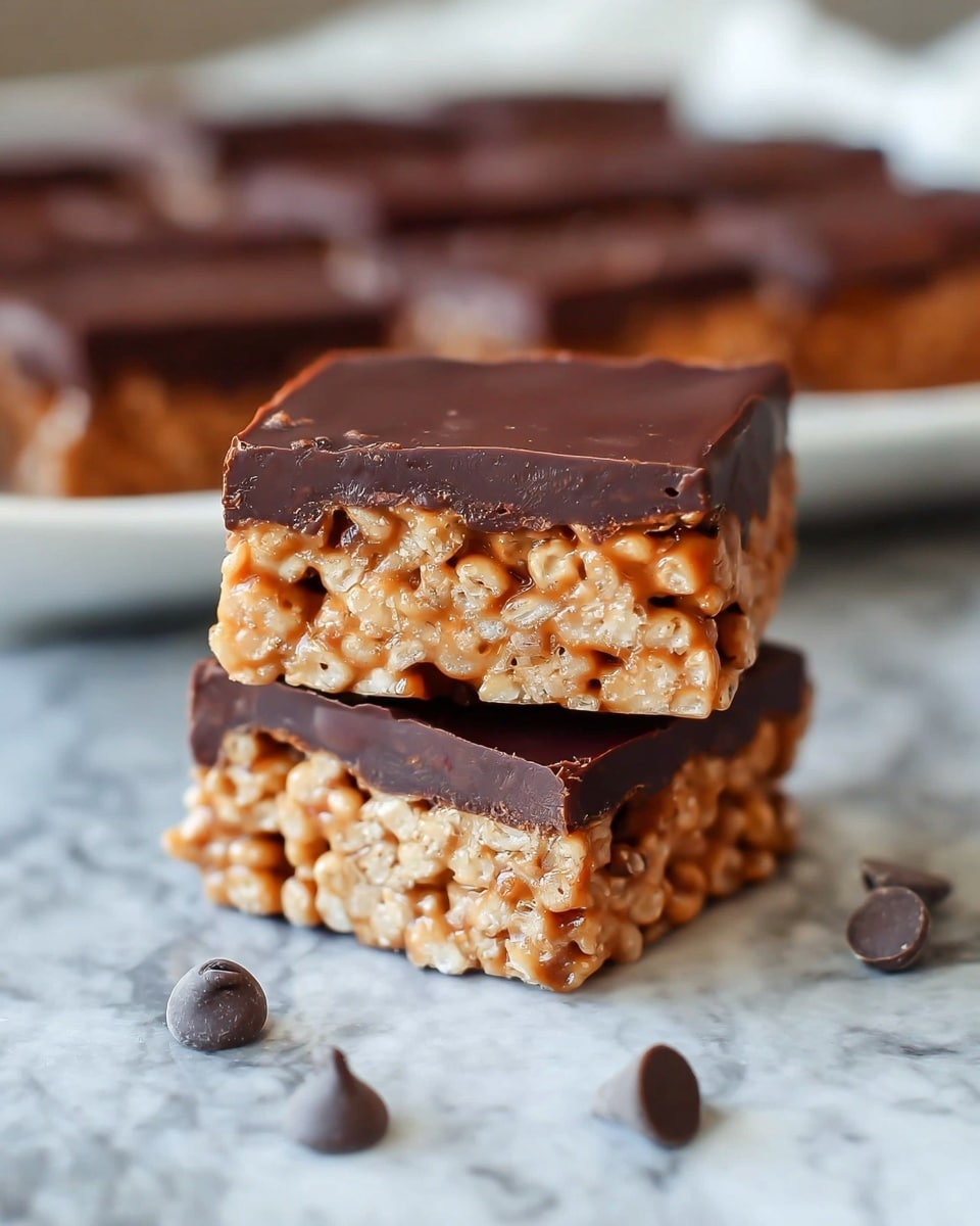 Two square bars stacked on top of each other show a thick bottom layer of light brown crispy cereal mixed in a sticky caramel-like substance, with visible small chocolate chips embedded inside. The top layer is a smooth, shiny dark chocolate coating with slight uneven edges. The bars sit on a white marble textured surface with a few dark chocolate chips scattered around them. In the blurred background, more bars are visible. photo taken with an iphone --ar 4:5 --v 7