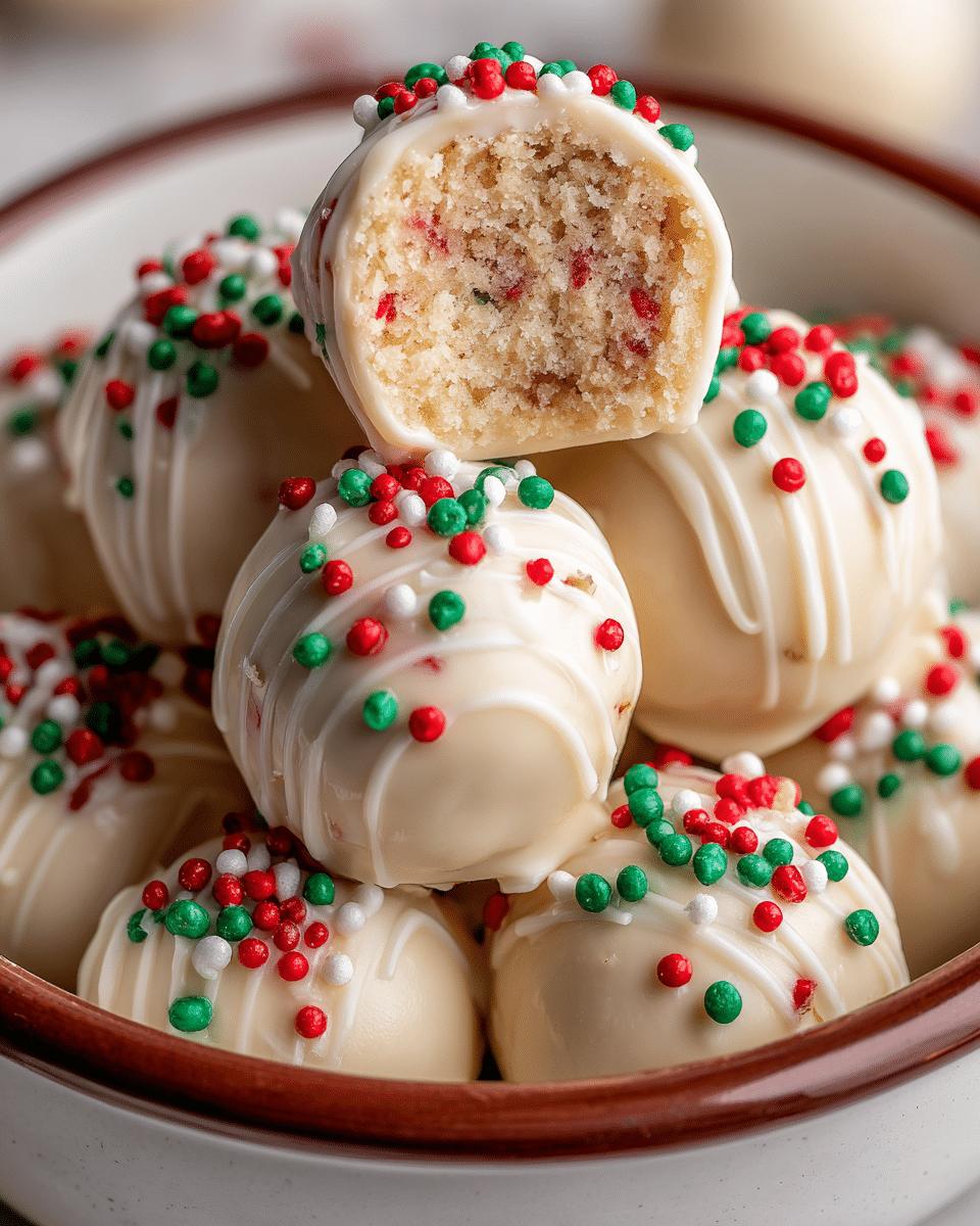 A close-up view of round cake balls covered in smooth white chocolate with a shiny texture, each decorated with small red, green, and white round sprinkles on top. One cake ball is cut in half and placed above the others, revealing a soft, crumbly inside that is light beige with visible red and green bits embedded throughout. The cake balls are stacked together inside a white bowl with a brown edge, placed on a white marbled surface. The lighting emphasizes the glossy coating and colorful sprinkles, showing fine detail in the texture of both the coating and the crumbly center. photo taken with an iphone --ar 4:5 --v 7