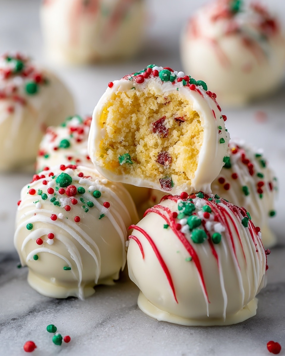 A close-up of five white chocolate-coated cake balls on a white marbled surface, with one cake ball on top showing a bite taken to reveal its inner texture, which is a soft yellow cake mixed with red, green, and white sprinkles. Each cake ball is drizzled with fine lines of red and white icing. On top of the white chocolate coating, there are small red, green, and white round sprinkles scattered. The cake balls have a smooth but slightly uneven texture from the coating, and the image has a shallow depth of field, focusing on the front cake balls and softly blurring the background. photo taken with an iphone --ar 4:5 --v 7