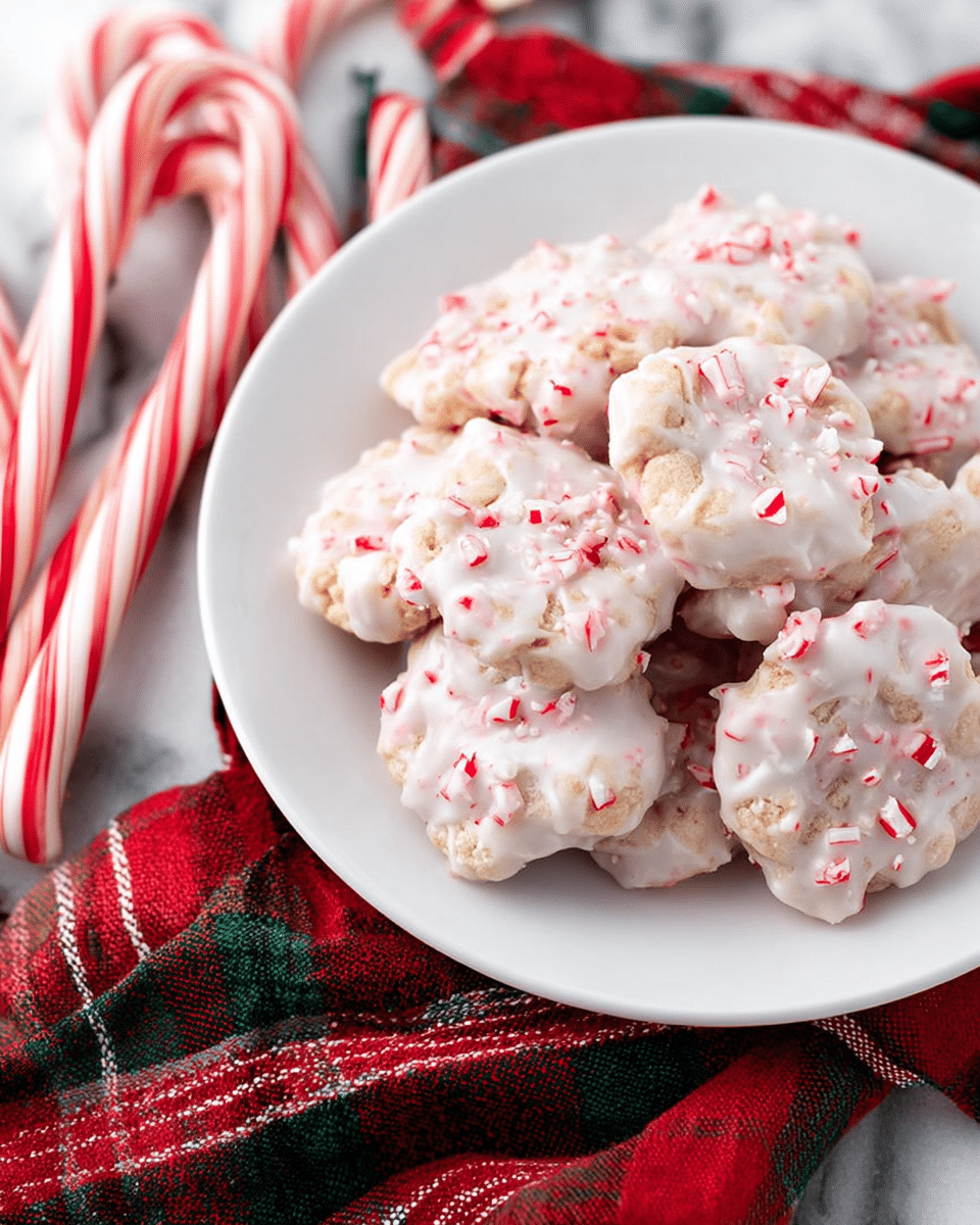 The image shows a white plate filled with round, bite-sized cookies covered in a white frosting or glaze with small red and white peppermint pieces sprinkled on top. The cookies are stacked loosely in a pile showing uneven shapes and a slightly rough texture beneath the frosting, suggesting a crunchy treat. Behind the plate, several candy canes with red and white stripes are placed next to a red and green plaid cloth, all set on a white marbled surface. photo taken with an iphone --ar 4:5 --v 7