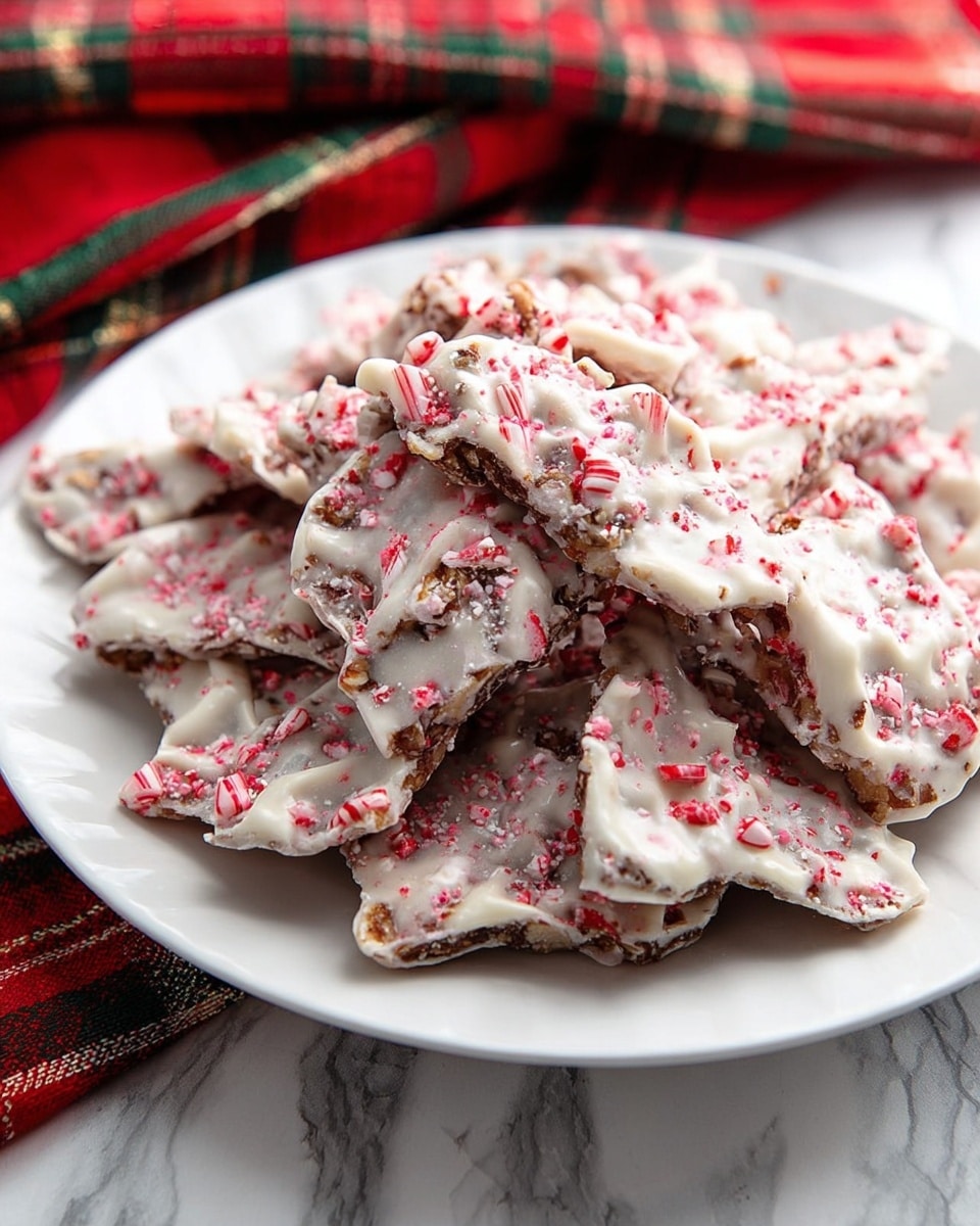 A white plate filled with many pieces of bark-shaped treats, each covered in a thick layer of white chocolate that has small red and pink crushed candy pieces sprinkled evenly on top. The bark pieces have a rough texture with some visible nuts underneath the white chocolate coating. The plate sits on a white marbled surface, with a red and green plaid cloth partially visible in the background, adding a festive touch. Photo taken with an iphone --ar 4:5 --v 7