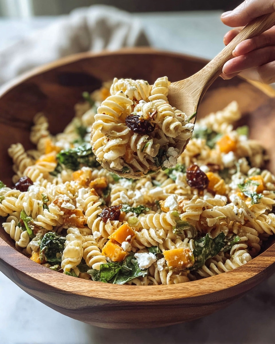 A close-up view of a wooden bowl filled with creamy-colored rotini pasta mixed with small orange cubes, bright green leafy pieces, and small white cheese crumbles scattered on top. A woman's hand holds a wooden spoon lifting a portion of pasta that shows the textured spirals of pasta, leafy greens, orange cubes, and a dark red, dried fruit piece, all coated lightly in a glossy finish. The setting has a soft focus on the background, enhancing the texture and colors of the pasta salad. The bowl and spoon are positioned on a white marbled surface. photo taken with an iphone --ar 4:5 --v 7
