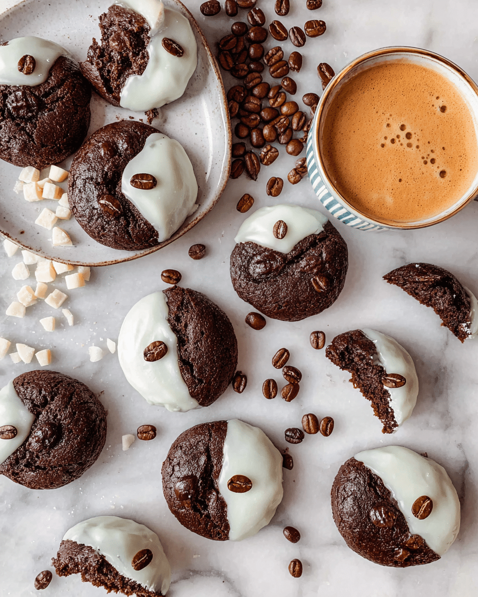 The image shows dark brown chocolate cookies, each half coated with smooth white icing, topped with three shiny coffee beans placed in the center of the icing side. One cookie is broken open, revealing a soft, chewy texture inside. The cookies are scattered on a white marbled surface, surrounded by scattered coffee beans and small white chocolate shavings. To the left, there is a small white plate holding an espresso cup filled with rich, dark coffee and surrounded by coffee beans. On the upper right, a round cup of light brown frothy coffee, also decorated with three coffee beans on top, sits nearby. The whole scene is well-lit, showing the contrast between dark cookies and white icing and background. photo taken with an iphone --ar 4:5 --v 7