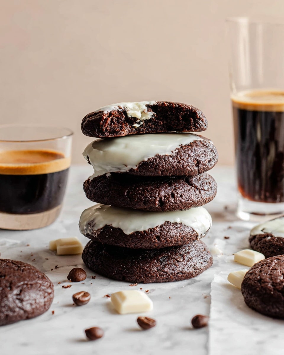 A stack of four dark brown chocolate cookies with a slightly cracked texture is seen on a white marbled surface, each cookie dipped halfway in smooth, white icing. The top cookie is broken in half and placed unevenly, showing the soft, moist inside. Scattered coffee beans and small pieces of white chocolate lie around the cookies. To the left, there is a small clear glass cup containing dark espresso with a rich golden foam on top, and in the background on the right side, a tall, clear glass with dark liquid and a light wooden rim can be seen blurred. photo taken with an iphone --ar 4:5 --v 7