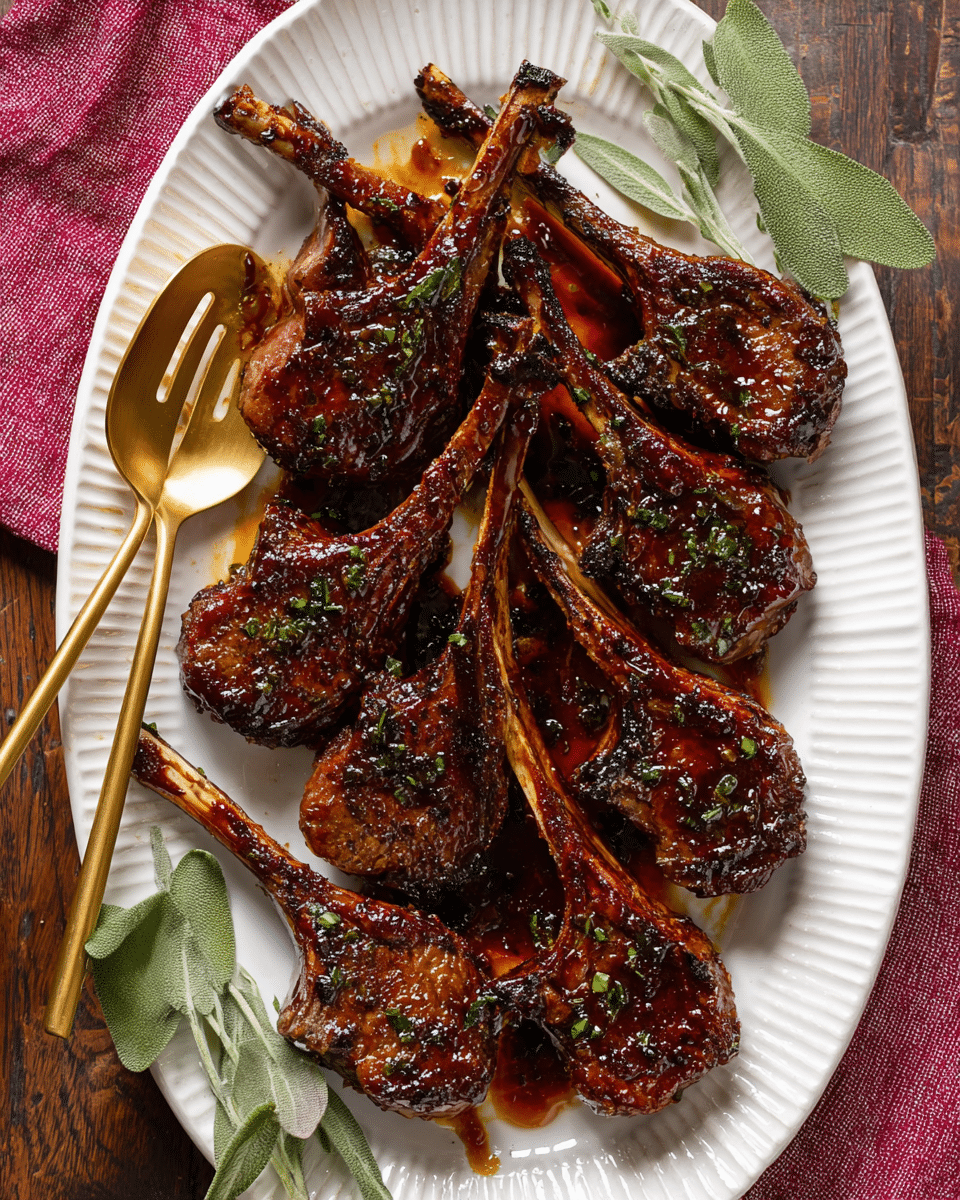 A white ridged oval plate holds a pile of eight grilled lamb chops, each with a dark brown, glossy glaze. The lamb chops are arranged with the bone handles fanned out, overlapping in some places, and sprinkled with small green herb pieces. A large gold-colored serving spoon with a slotted edge is placed on the left side of the plate under several chops. The plate sits on a dark wooden surface with fresh sage leaves and a pink textured cloth nearby. The glaze on the lamb chops looks slightly sticky and shiny, with some crisp browned edges. Photo taken with an iphone --ar 4:5 --v 7