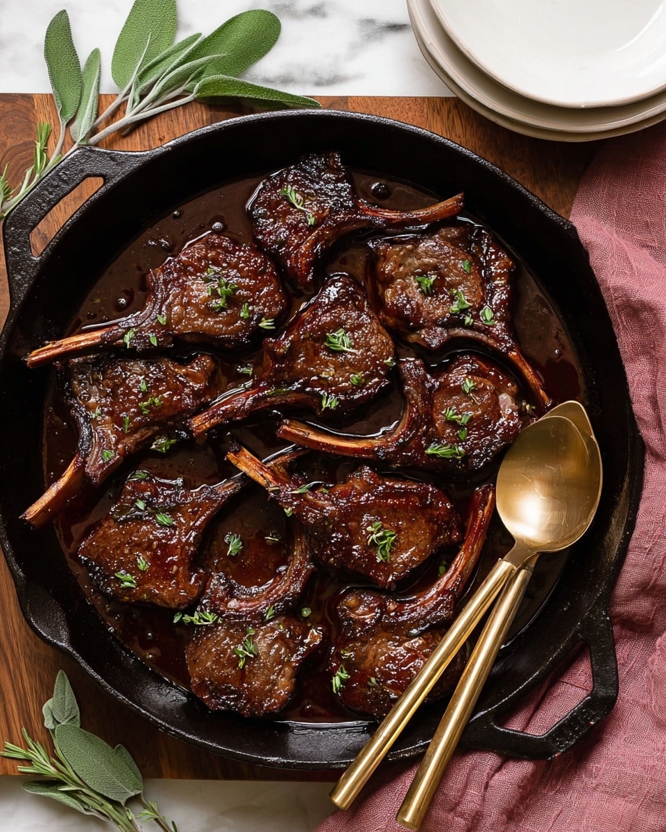The image shows a black cast iron pan filled with ten dark brown cooked lamb chops arranged in a slightly overlapping circular pattern. Each chop has a visible bone with a caramelized surface glistening with a rich, dark glossy sauce pooling at the bottom of the pan. Small green herb bits are sprinkled evenly over the lamb chops. On the left side of the pan, there are two golden serving spoons resting inside, and fresh green sage leaves surround the pan on the wooden table. A soft pink cloth is placed at the bottom right corner, and two stacked white plates are partially visible at the top right, all set on a white marbled texture. photo taken with an iphone --ar 4:5 --v 7
