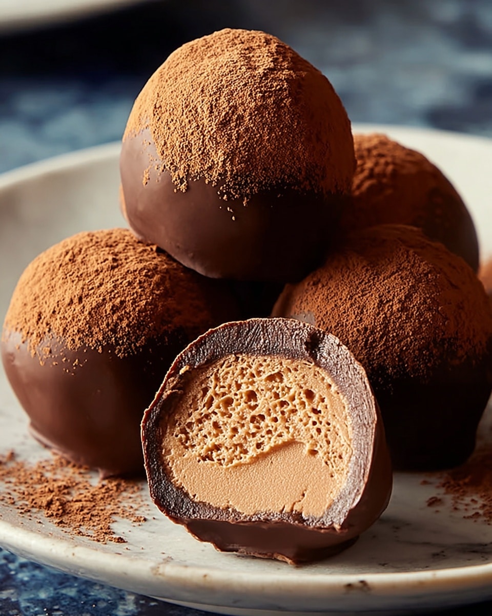 The image shows five round chocolate truffles on a white marbled textured surface, arranged on a white plate. Three truffles are whole and dusted with a light brown cocoa powder on top, giving a textured look. Two truffles are cut open in front, revealing two distinct layers inside: a smooth, light brown creamy center and a porous, lighter tan layer surrounded by a thin, dark chocolate shell. The truffles' surfaces are glossy with a rich, deep brown color, slightly uneven from the cocoa dusting. photo taken with an iphone --ar 4:5 --v 7