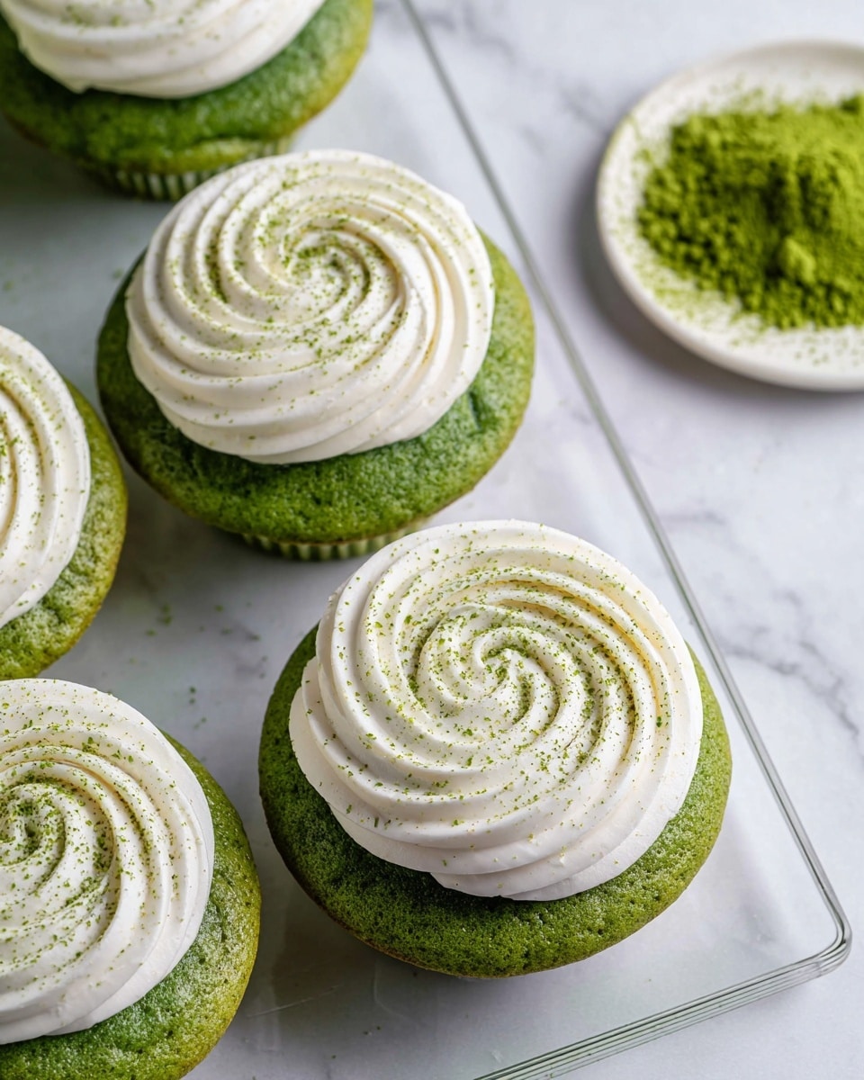 The image shows round green matcha cupcakes with a thick layer of white frosting swirled on top in a circular pattern. Each cupcake has two visible layers: the vibrant green cake base with a smooth texture and the creamy white frosting that looks light and fluffy. The frosting is sprinkled with fine green matcha powder, giving it a speckled effect. The cupcakes are placed closely together on a clear glass serving tray, which rests on a white marbled surface. In the top right corner, there is a white plate with a small pile of green matcha powder. Photo taken with an iphone --ar 4:5 --v 7