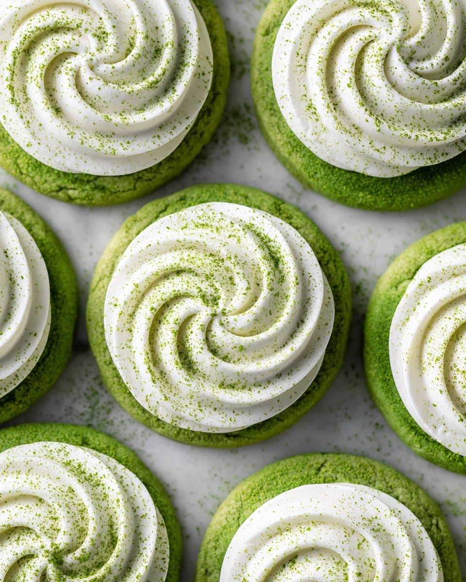 A close-up view of round green cookies arranged in a grid on a white marbled surface, each cookie topped with a thick, white cream layer that is piped in a spiral pattern from the center outward, creating a swirled texture. The cookies have a vibrant green base that contrasts with the smooth, fluffy white topping, which is evenly dusted with a fine green powder, likely matcha, adding a speckled texture and color variation. The cream layer appears soft and airy, with slight peaks and swirls that catch the light subtly, emphasizing the fresh and delicate look of the dessert. photo taken with an iphone --ar 4:5 --v 7