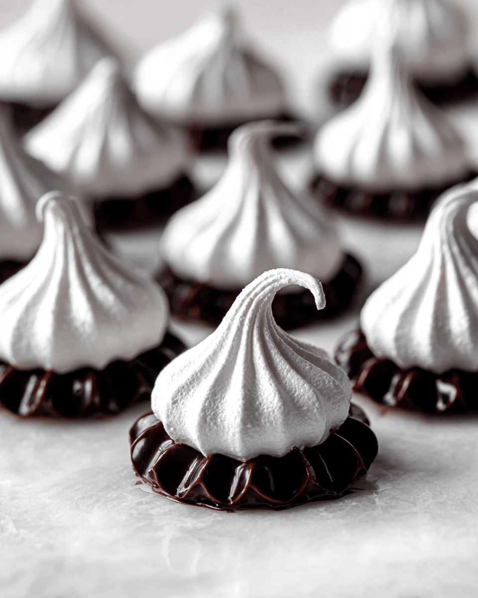 This image shows multiple small meringue cookies arranged closely together on a white marbled surface. Each meringue has two layers: the bottom layer is dark, glossy chocolate, covering the base and edges forming a scalloped pattern, while the top layer is pure white, smooth and swirled upwards to a peak with a slight curl at the tip. The texture of the meringue layer is light and airy with small ridges, and the chocolate glistens under the light. The focus is on the front row of meringues, with the background cookies softly blurred. photo taken with an iphone --ar 4:5 --v 7
