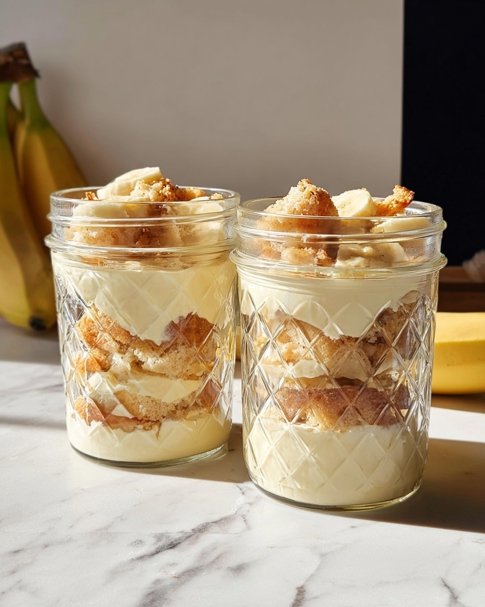 Two clear glass jars sit side by side on a white marbled surface, filled with layered dessert. Each jar has three visible layers: the bottom layer is a smooth, creamy off-white custard, the middle is made of rough, broken pieces of light brown cake, and the top layer features a mix of soft, pale banana slices and more cake pieces, giving a textured look with light cream and golden brown colors. The jars have a diamond pattern and catch the light, casting soft shadows. In the background, part of a ripe yellow banana is visible against a black and white wall. Photo taken with an iphone --ar 4:5 --v 7