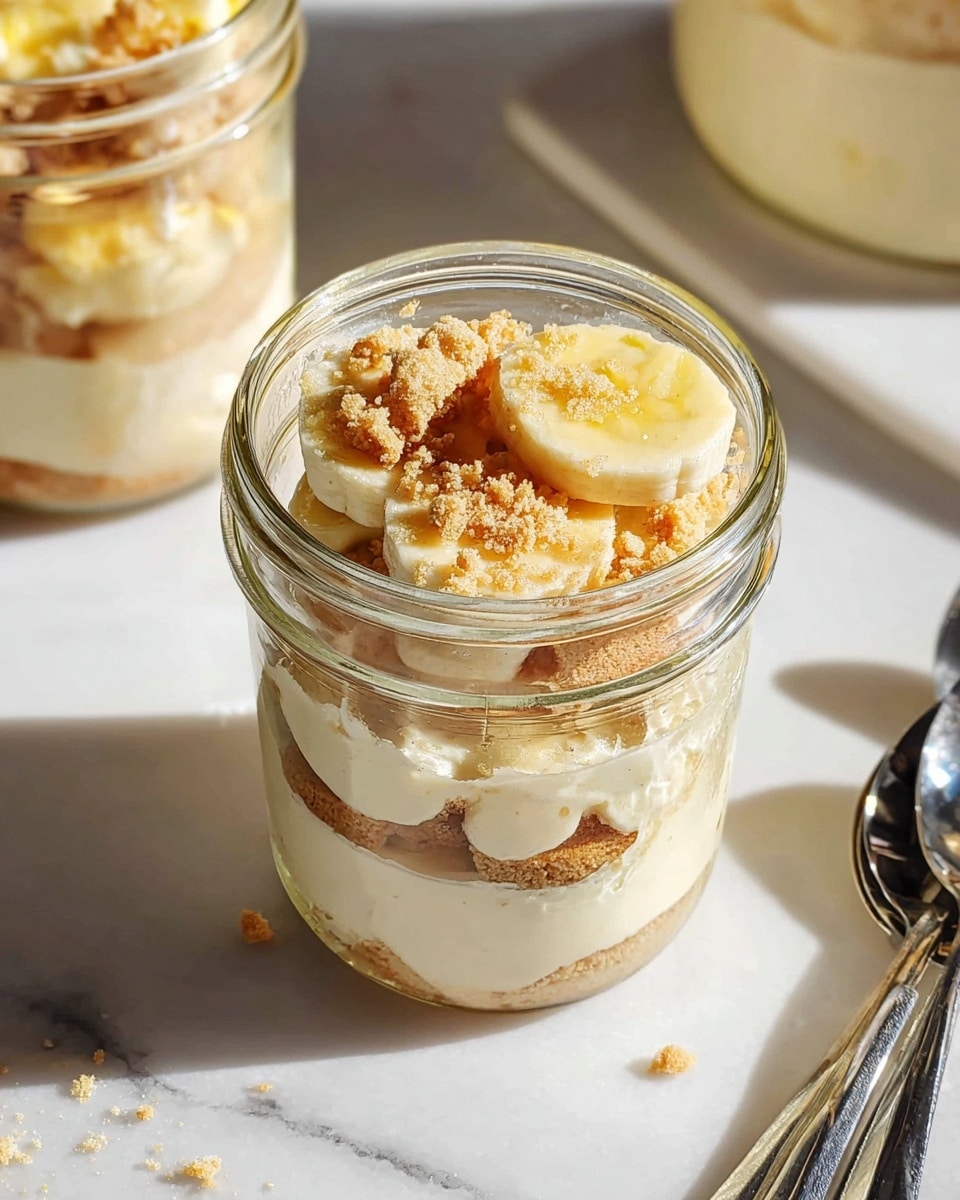 The image shows a clear glass jar filled with three visible layers of dessert. The bottom layer is a creamy, off-white pudding-like substance with a smooth texture. Above that is a layer of crumbled light brown cookies or cake pieces that add a rough texture. The top layer consists of banana slices, light yellow with a soft texture, and more cookie crumbles sprinkled over them. The jar is placed on a white marbled surface, with soft sunlight highlighting the textures and colors. Nearby are two shiny silver spoons resting on the marble surface, and another jar with a similar dessert is partially visible. photo taken with an iphone --ar 4:5 --v 7