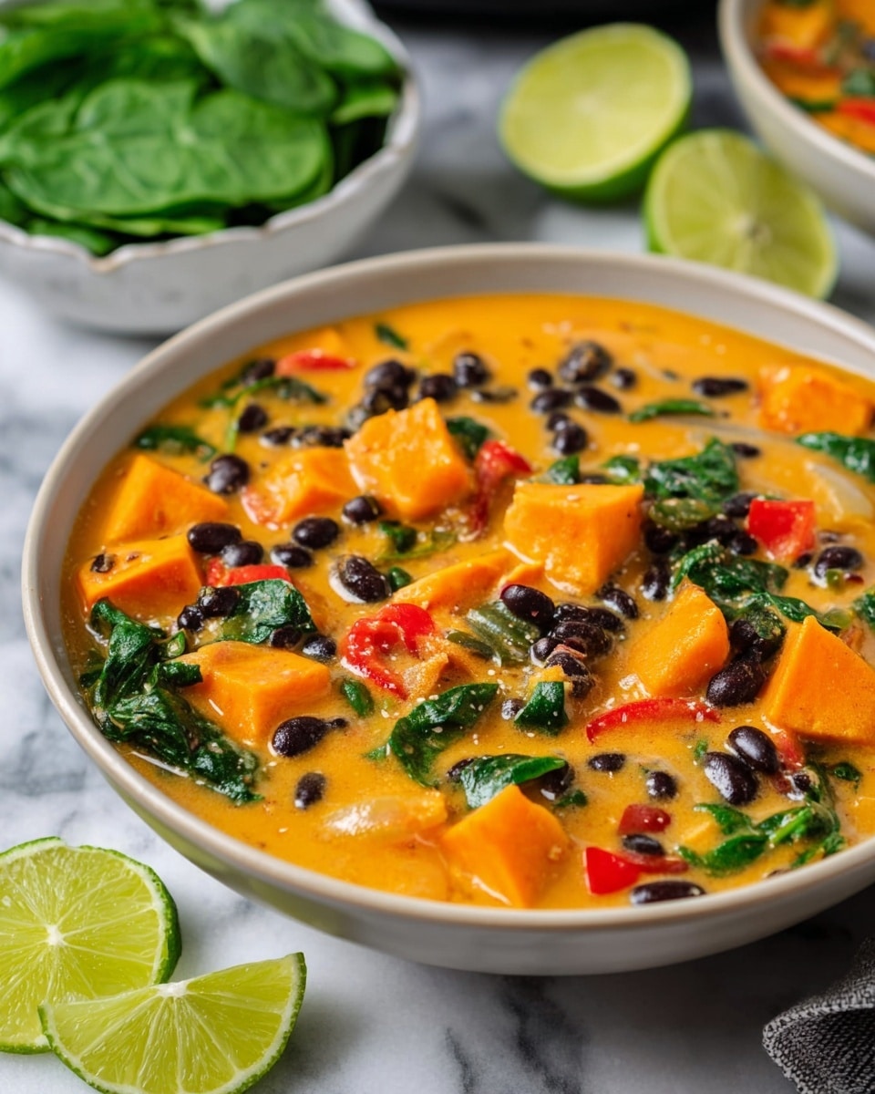 A close-up view of a bowl filled with a thick, orange-yellow stew containing several layers of ingredients; the base layer is a creamy orange broth, topped with pieces of soft orange sweet potato, black beans scattered throughout, bright green spinach leaves, red bell pepper chunks, and translucent cooked onion slices all mixed together. Behind the bowl, there are two slices of lime and a white bowl filled with fresh green spinach leaves, all set on a white marbled surface. Photo taken with an iphone --ar 4:5 --v 7