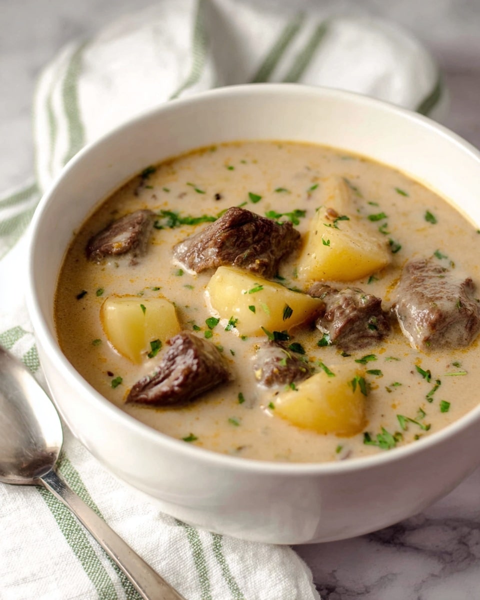 A white bowl filled with creamy soup is shown, featuring several layers of ingredients visible in the thick light beige broth. The first layer is large, tender chunks of brown beef scattered evenly throughout. The second layer includes medium-sized pieces of light yellow potatoes floating alongside the beef. The soup surface is dotted with small green herb bits, adding fresh color contrast. The bowl sits on a white marbled texture with a silver spoon nearby, and a soft white cloth with green stripes is blurred in the background. photo taken with an iphone --ar 4:5 --v 7