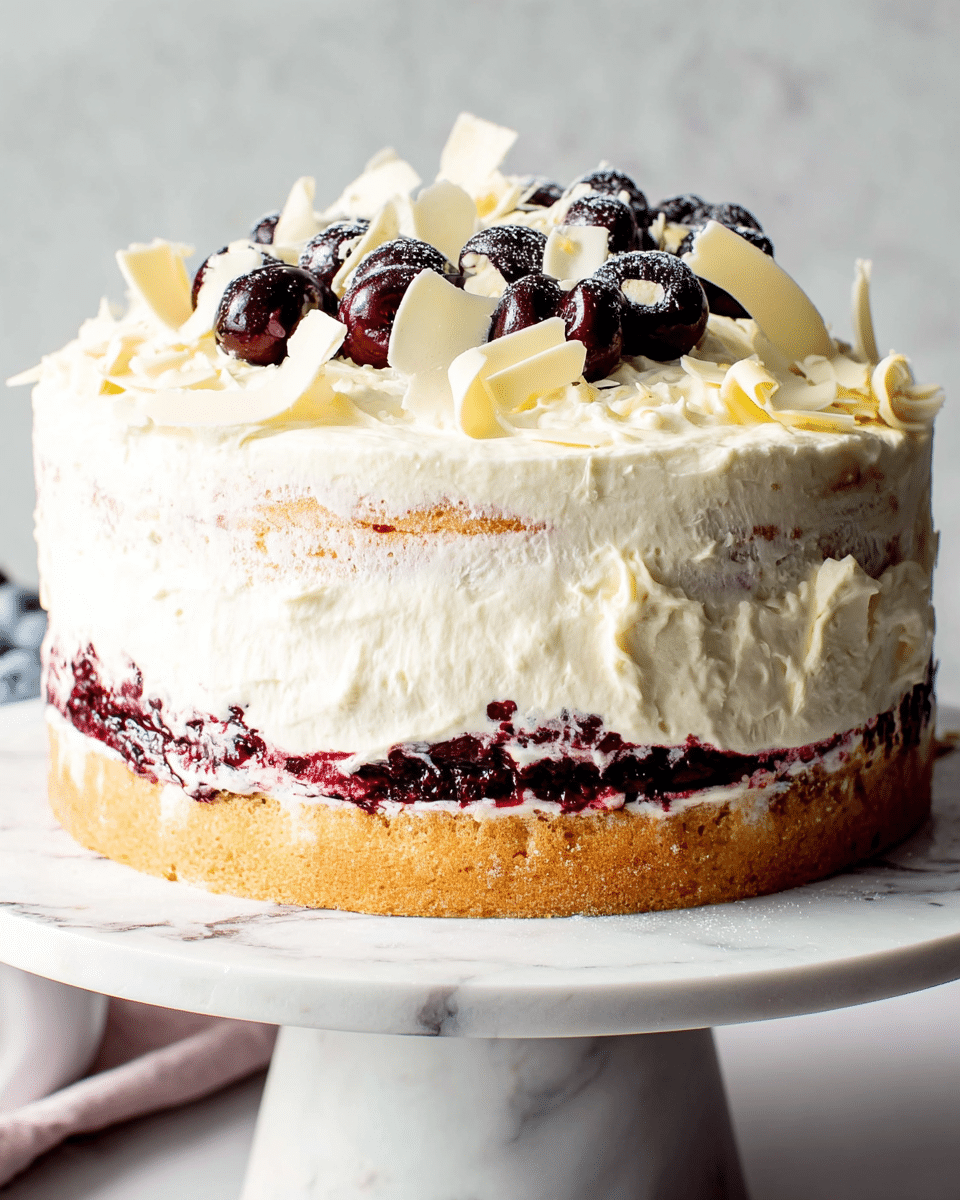 A three-layer round cake sits on a white marble cake stand against a white marbled texture background. The bottom layer is dark red with a slightly wet texture. The middle layer is light golden brown and the top layer is mostly covered in thick white cream that looks soft and slightly messy, with some dark berries visible under the cream. The top of the cake is topped with a few shiny dark cherries sitting in a deep red syrup, scattered with thin white chocolate curls. Photo taken with an iphone --ar 4:5 --v 7