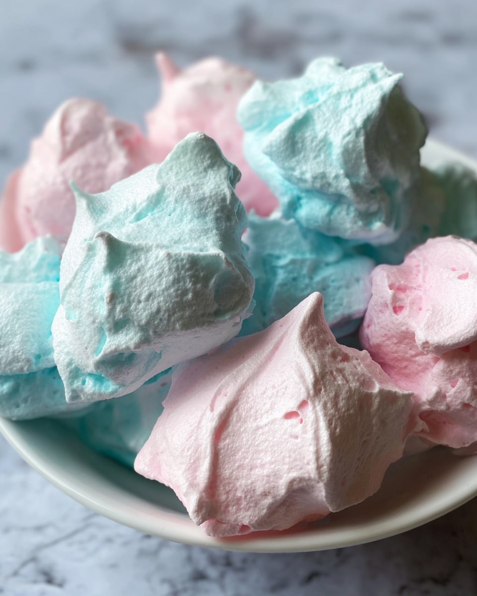 A close-up of a white bowl filled with small, fluffy meringue cookies in pastel colors of light blue and pale pink. Each meringue is rough and slightly uneven, with soft peaks and a light, airy texture, piled closely together inside the bowl. The background has a white marbled texture that contrasts gently with the meringues' delicate colors. photo taken with an iphone --ar 4:5 --v 7