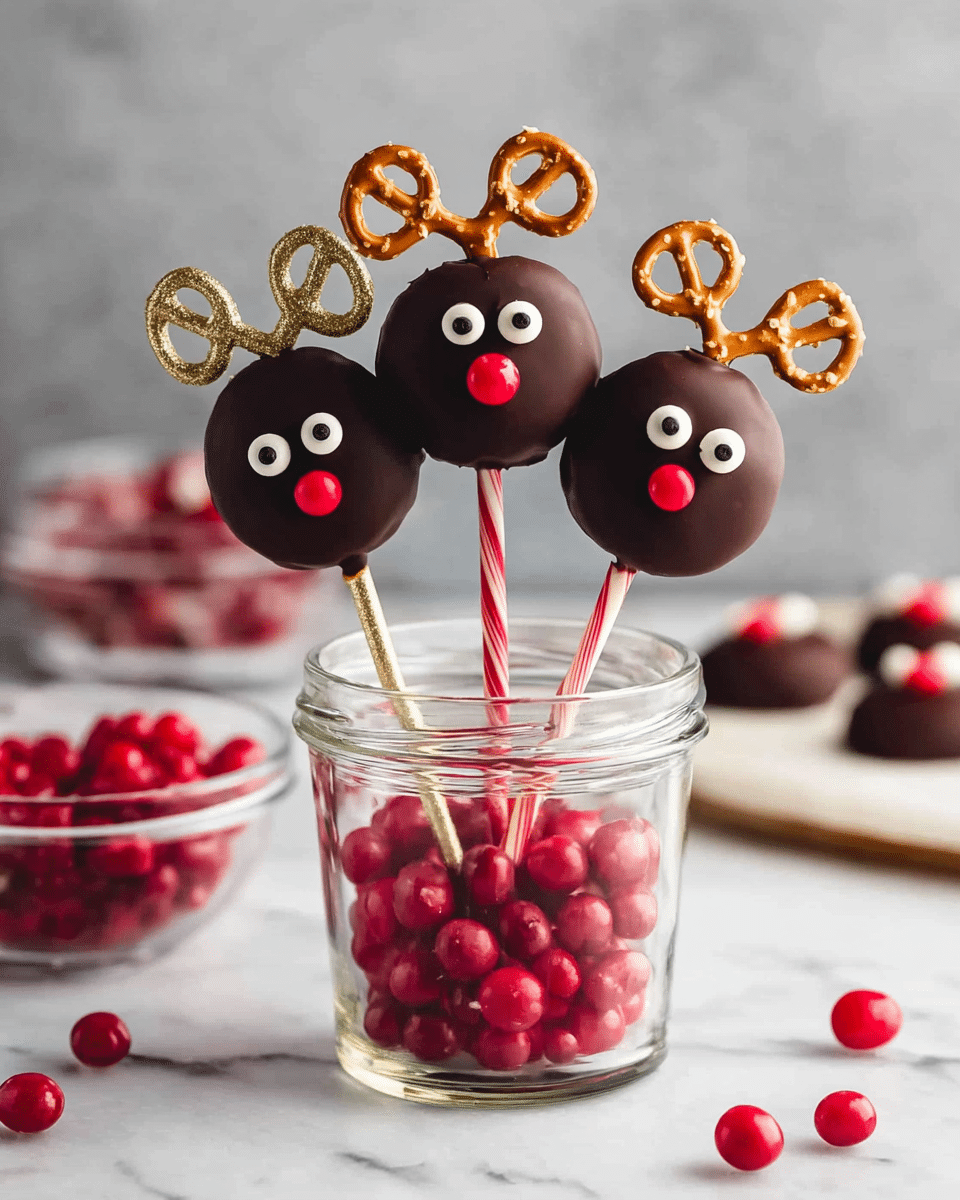 The image shows three round chocolate treats on sticks, each designed like a reindeer face. Each treat has a smooth dark brown chocolate coating as the base layer. Two small white candy eyes with black dots are placed near the top center. A small red candy nose is centered below the eyes. Two pretzel pieces are placed at the top of each treat to look like antlers. The sticks holding the treats are decorated, two with a shiny gold paper and one with red and white stripes. These reindeer treats are placed upright in a clear glass jar filled halfway with small red candy balls. The jar sits on a white marbled surface, scattered with extra candy eyes and red candies nearby. In the background, a clear bowl with more red candies can be seen, and some more reindeer treats lie flat on the surface. photo taken with an iphone --ar 4:5 --v 7