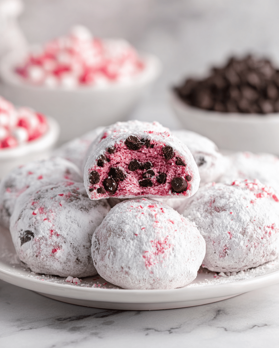 A white plate filled with round cookies covered in a thick layer of white powdered sugar mixed with small pink bits, with one cookie cut in half and placed on top, showing a bright pink interior packed with many small dark chocolate chips. The plate is set on a white marbled texture surface, and blurred in the background are two white bowls, one filled with pink and white peppermint candies and the other with dark chocolate chips. Photo taken with an iphone --ar 4:5 --v 7