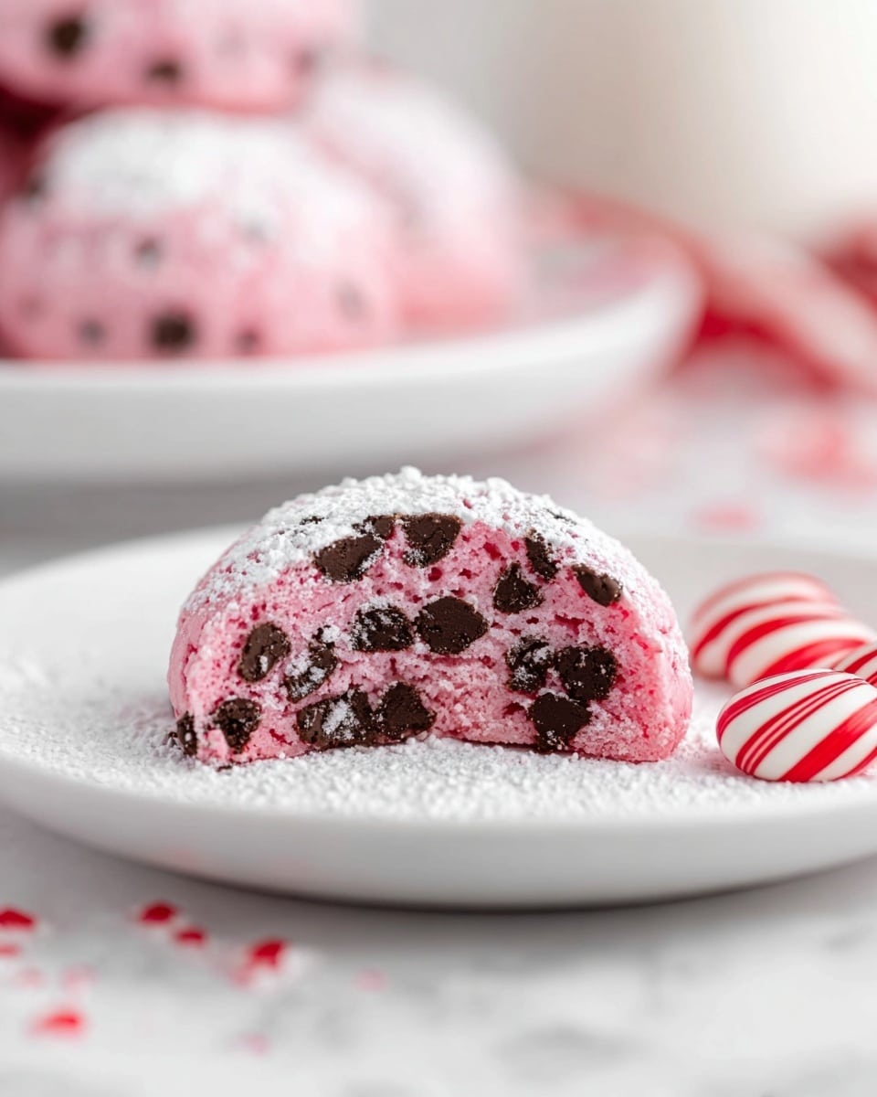 A single piece of a pink cookie with dark brown chocolate chips scattered inside is centered on a white plate, dusted with a light layer of white powdered sugar both on top and around its base. The cookie has a slightly rough texture, showing some small cracks. To the right of the cookie on the plate are two red and white striped peppermint candies. The background features more pink cookies on a white plate, all set on a white marbled surface with soft lighting. photo taken with an iphone --ar 4:5 --v 7