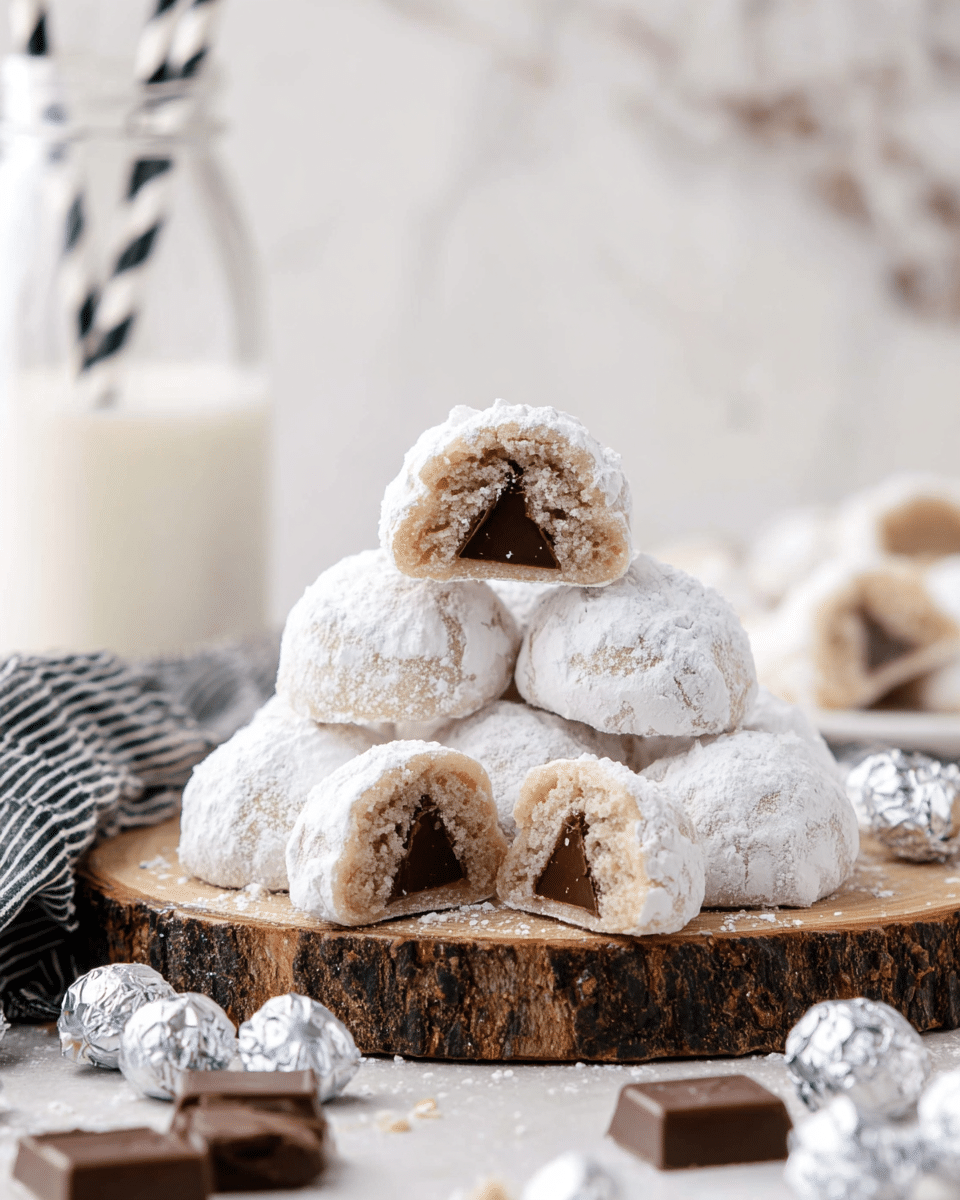 The image shows a stack of powdered sugar cookies on a rough wooden round board, arranged in a pyramid shape. The cookies are coated in white powdered sugar with a soft, slightly cracked texture on the outside. Two cookies are cut in half and placed at the front, showing three layers: a white powdered sugar outer layer, a light beige cookie dough middle layer, and a dark brown chocolate triangular center. The background is a white marbled surface with a glass milk bottle with black and white striped straws in the upper left, scattered chocolate pieces on the lower left, and silver-wrapped chocolates on the right side. A black and white striped cloth lies at the bottom left corner. photo taken with an iphone --ar 4:5 --v 7