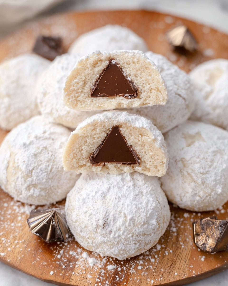 The image shows a pile of round cookies dusted with thick white powdered sugar, placed on a wooden board. Each cookie has a soft, light beige dough with an outer layer covered in powdered sugar, making the surface look fluffy and powdery. Two cookies are cut in half and positioned on top, revealing a triangular, smooth, dark brown chocolate piece embedded in the center of the light dough. The background includes a white marbled texture subtly visible near the edges, and there are small, shiny chocolate pieces nearby. photo taken with an iphone --ar 4:5 --v 7
