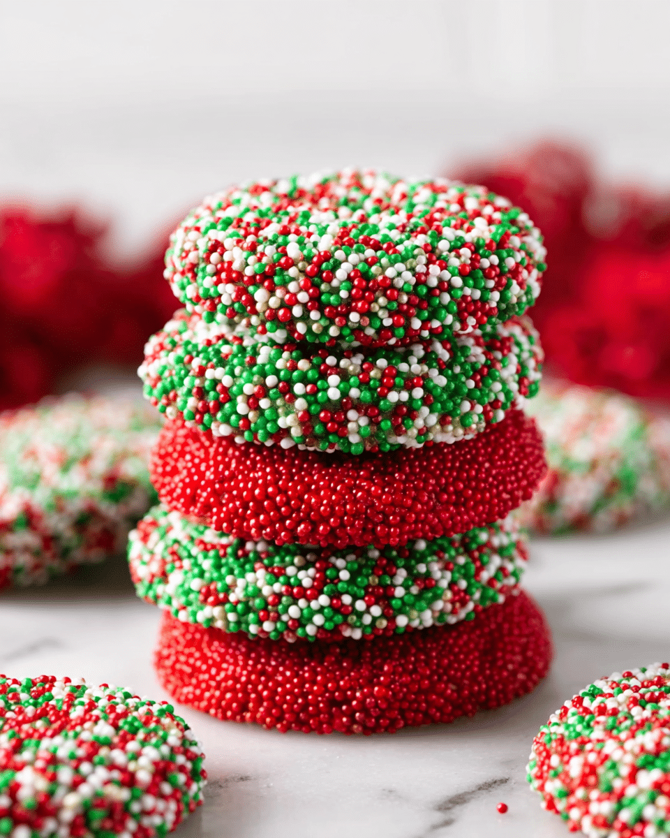 A stack of six round cookies sits on a white marbled surface, each cookie thick and covered in small, round sprinkles. Four cookies have a green base with red, white, and green sprinkles, creating a festive look. One cookie in the middle has a bright red base with red sprinkles, and another one near the bottom has a similar red base with a mix of red, white, and green sprinkles. The cookies have a slightly rough texture from the dense layer of sprinkles, and there are more sprinkled cookies scattered softly blurred in the background. The bright colors contrast with the smooth white marbled surface, highlighting the festive and joyful feeling of the cookies. Photo taken with an iphone --ar 4:5 --v 7