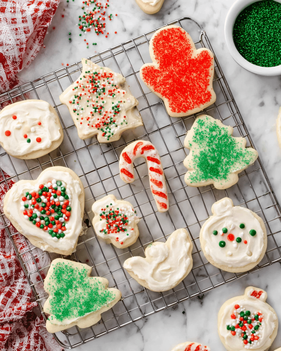 A collection of eleven Christmas-themed sugar cookies sit on a metal cooling rack over a white marbled surface. Each cookie has a smooth layer of white frosting with colorful sugar sprinkles on top. There are two mitten-shaped cookies covered with red sugar sprinkles, one located near the top center and the other near the bottom center. Two candy cane-shaped cookies have diagonal stripes of red sugar on white frosting, one near the top left corner and another near the right center. Two Christmas tree-shaped cookies are decorated with green sugar sprinkles, positioned in the bottom left area and center right. Two house-shaped cookies are decorated with red, green, and white round sugar sprinkles, one near the middle left and the other near the bottom right. A round cookie near the bottom center has red, green, and white round sprinkles on white frosting. One angel-shaped cookie with plain white frosting sits near the middle center. A small white bowl filled with green sugar sprinkles is partially visible on the right side. The photo is taken from above, showing the evenly spaced, festive cookies with scattered sprinkles around them. Photo taken with an iphone --ar 4:5 --v 7