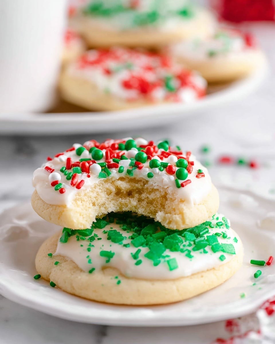 Two Christmas cookies sit stacked on a white plate with a white marbled background. The top cookie is round with a smooth white icing layer topped with colorful green, red, and white round sprinkles, and it has a large bite taken out, showing a soft, crumbly beige inside. The bottom cookie is a star shape with white icing covered in green square-shaped sugar sprinkles and also has a bite taken out, exposing its light, soft texture. In the background, a white plate holds more cookies with red and white icing and sprinkles, slightly blurred. Photo taken with an iphone --ar 4:5 --v 7