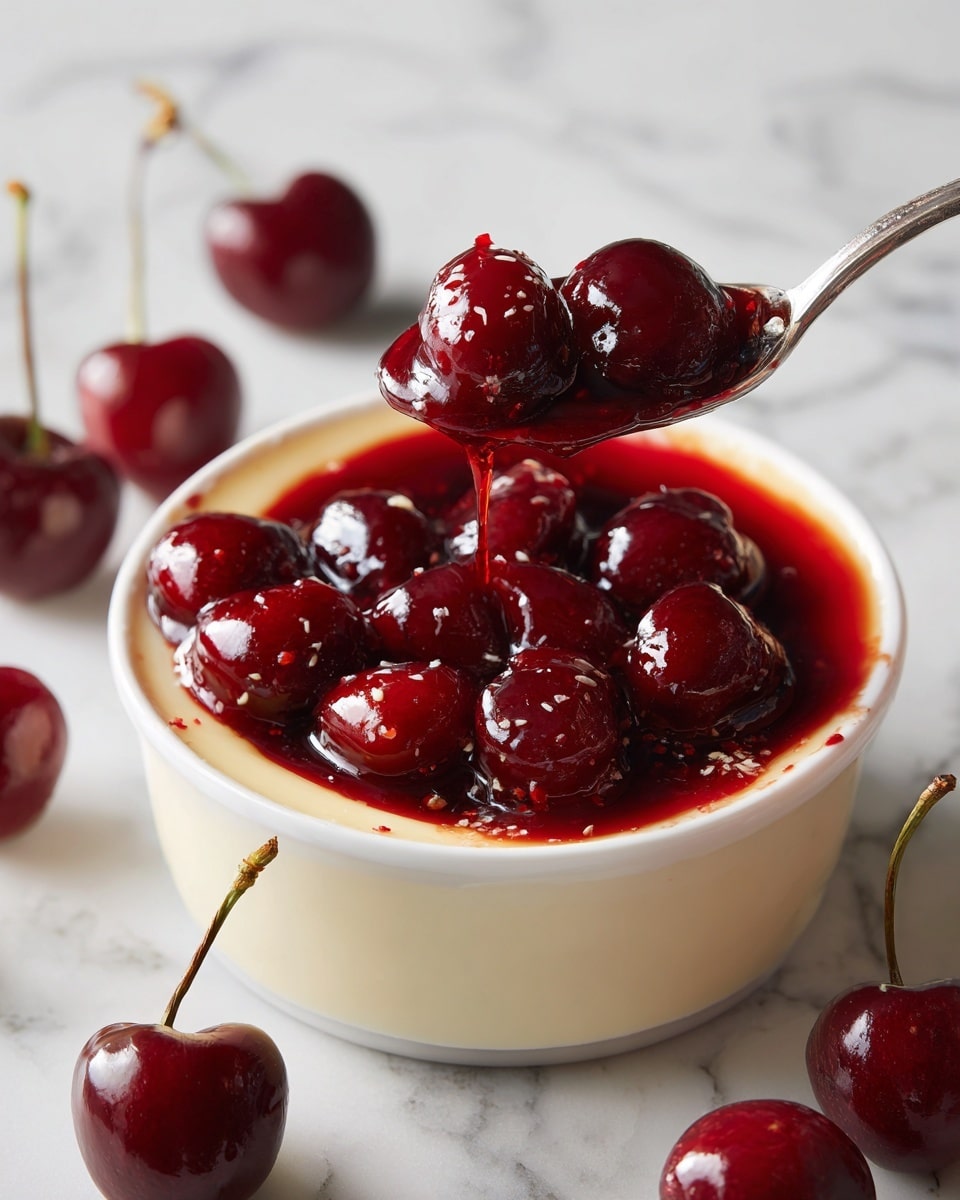 The image shows a white bowl filled with two layers: the bottom layer is creamy and light beige, with a smooth texture, while the top layer is bright red cherry topping with a shiny, thick sauce coating whole cherries. A silver spoon lifts a small portion of both layers, with the red cherries on top and creamy base underneath. Around the bowl, some whole cherries are scattered on a white marbled surface. The scene is close-up, focusing on the glossy texture of the cherries and the creamy layer beneath. Photo taken with an iphone --ar 4:5 --v 7