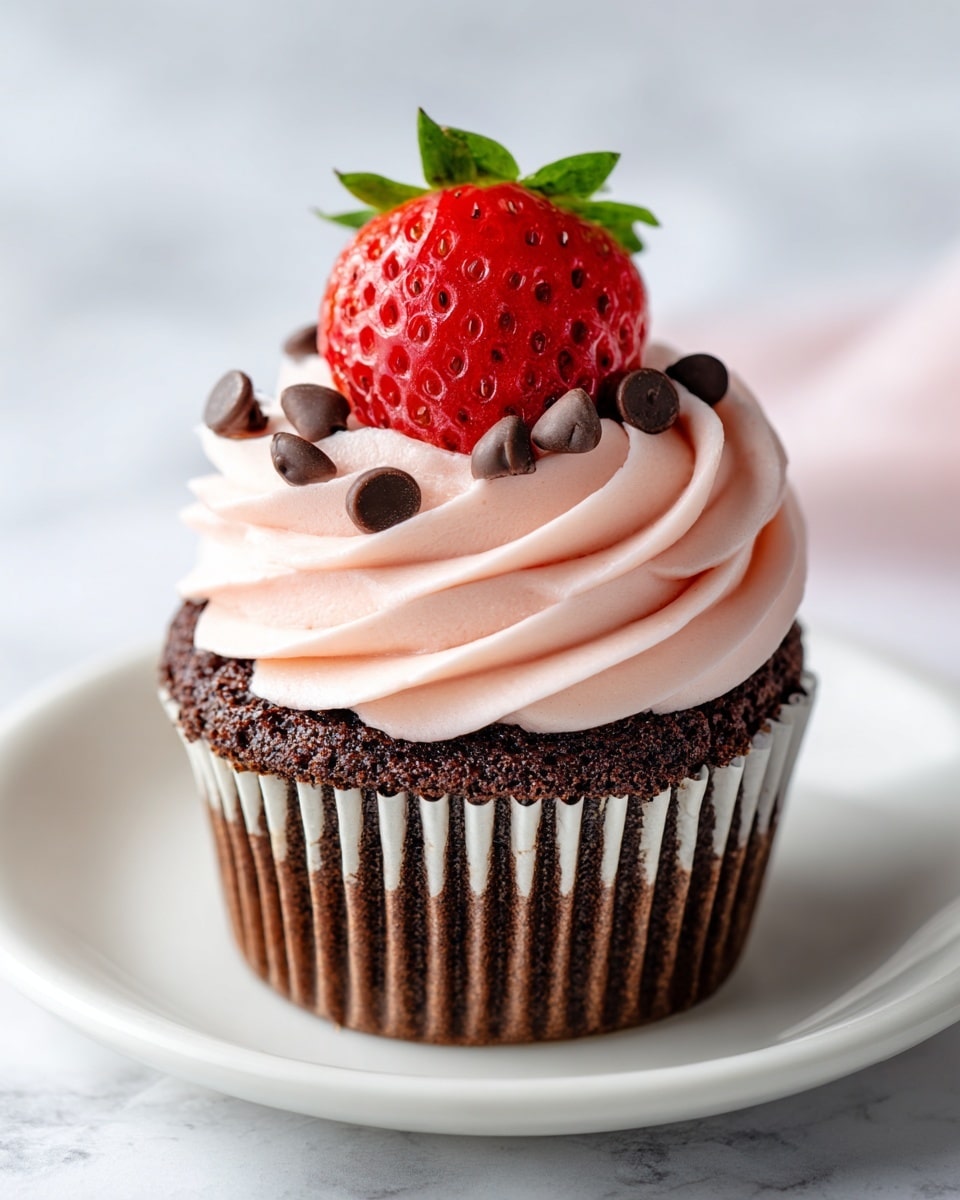 A chocolate cupcake sits on a white plate with a white marbled surface in the background. The cupcake has a dark brown, textured base with a white and brown striped liner. On top, there are two layers of frosting: the bottom layer is a thick, smooth circle of pale pink frosting, and the top layer is a swirl of light pink frosting with a creamy texture. Scattered chocolate chips are placed over the pink frosting. A fresh, bright red strawberry half with green leaves is perfectly placed at the top center of the swirl, showing the juicy inside. Photo taken with an iphone --ar 4:5 --v 7
