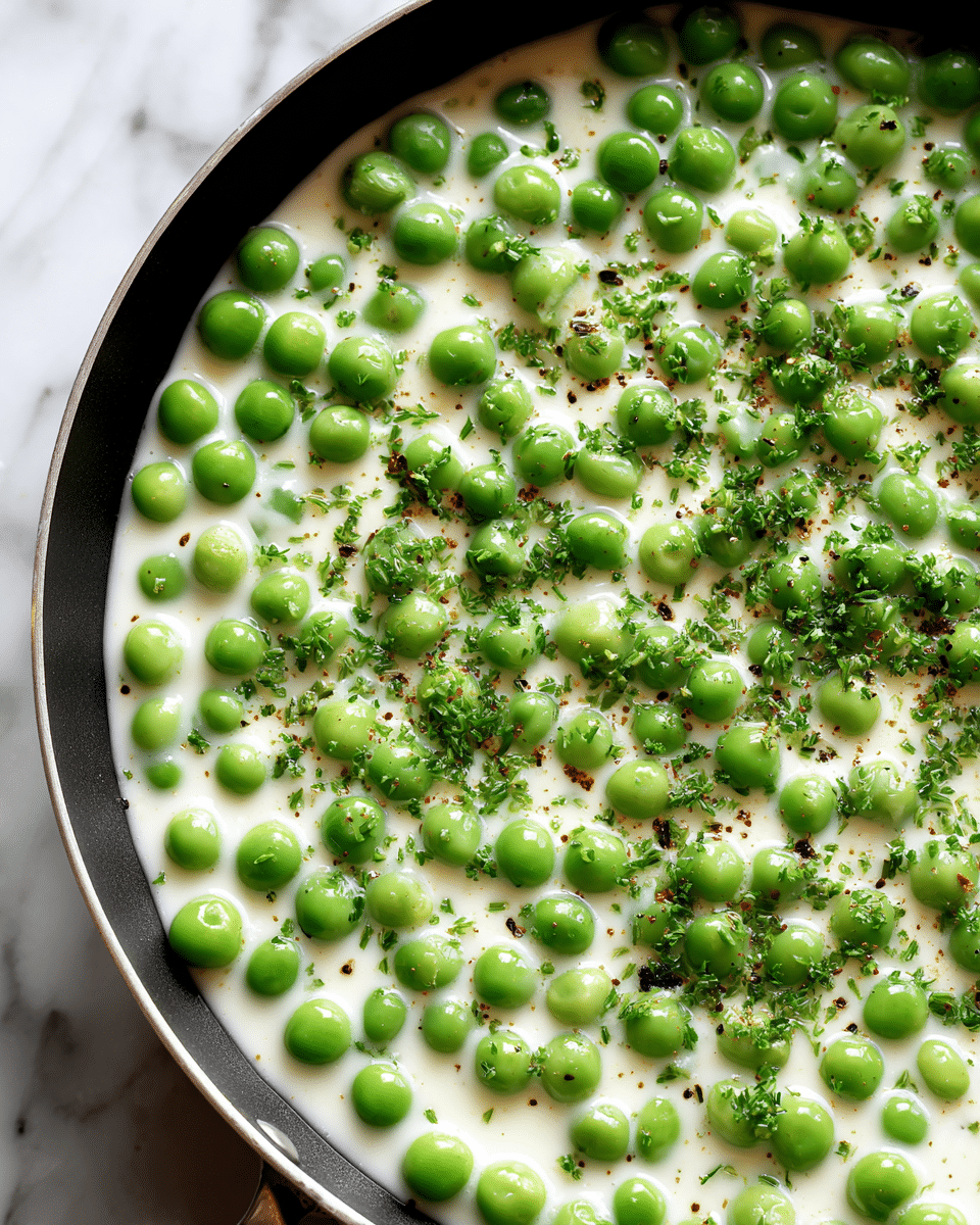 A close-up image of bright green peas covered with creamy white sauce, topped with small bits of chopped green herbs and sprinkled with black pepper flakes, all inside a black pan that sits on a white marbled surface. The peas are well coated in the smooth, rich sauce, with some peas slightly shiny and round, filling the pan almost edge to edge. photo taken with an iphone --ar 4:5 --v 7