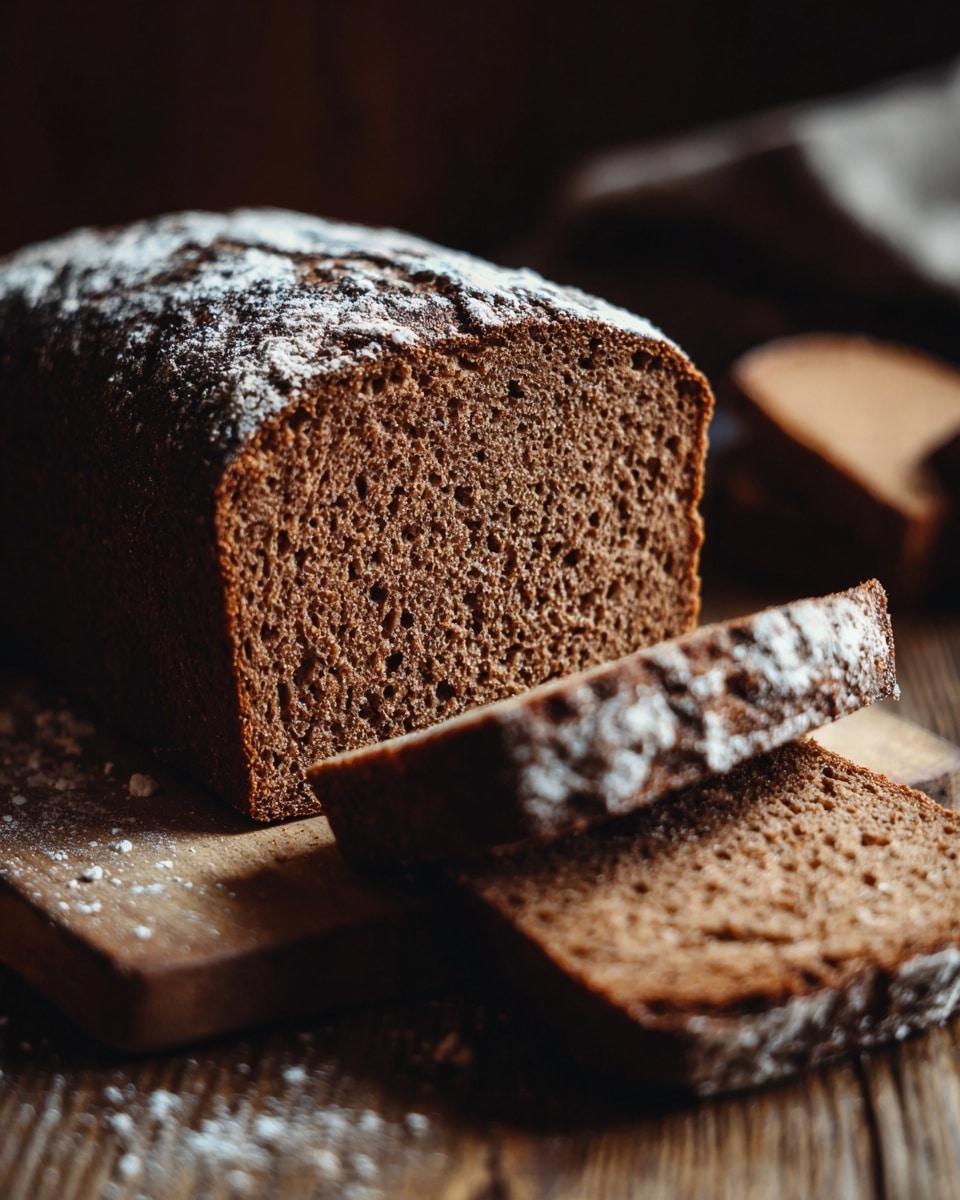 A loaf of dark brown bread is shown sliced on a wooden board, with three thick pieces visible. The bread has a rough texture with small air holes and a slightly crumbly surface. The top crust is darker and dusted with a light sprinkle of white flour. The background is softly blurred with a dark tone, while the bread and board are in clear focus. The bread looks freshly baked with a dense crumb inside. Photo taken with an iphone --ar 4:5 --v 7